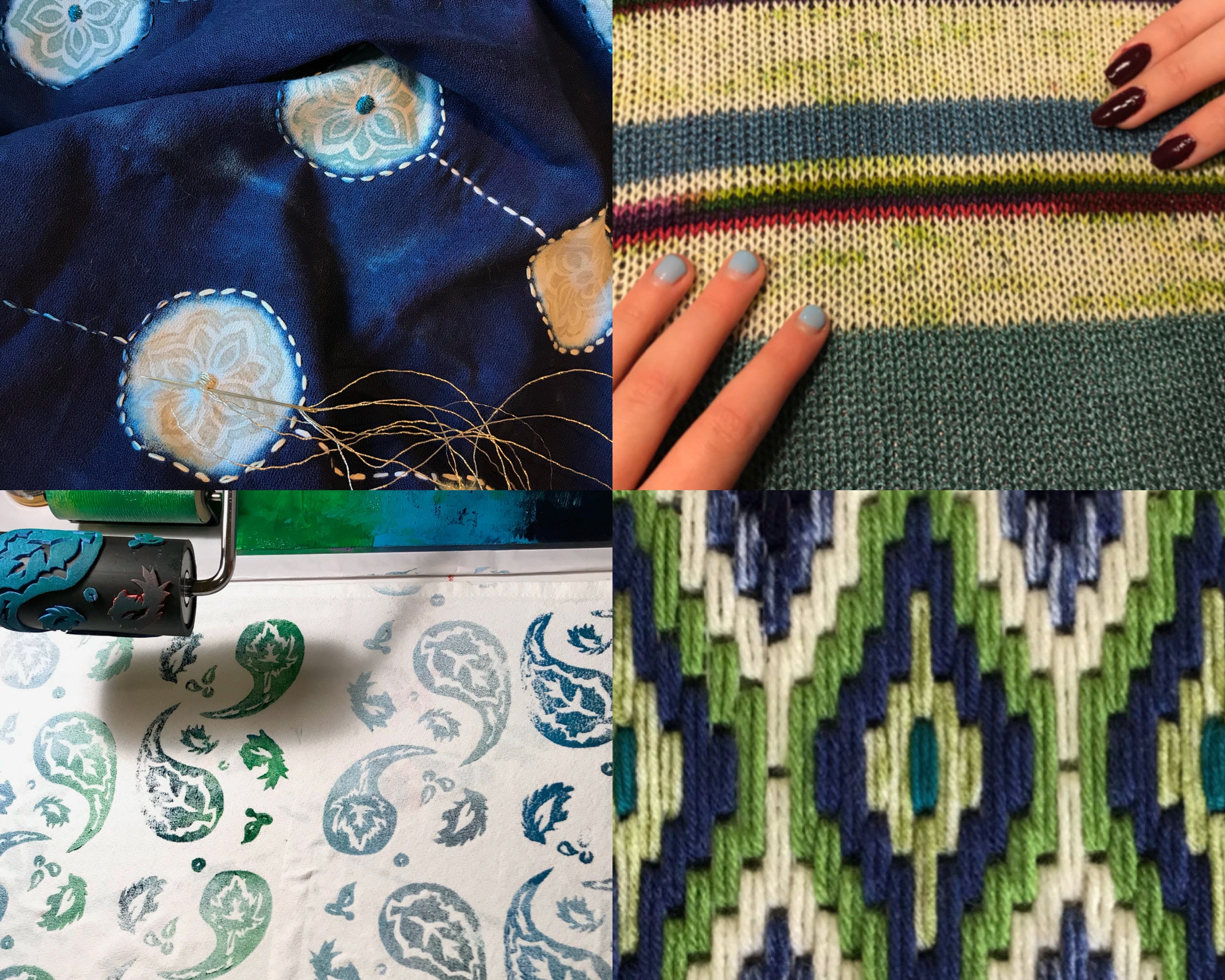 A variety of Kathy Barlow's textile arts and designs from her multi-passionate creative life, including block printing and stitching onto fabric, machine knitting and bargello needle point, in a palette of indigo, green and white.