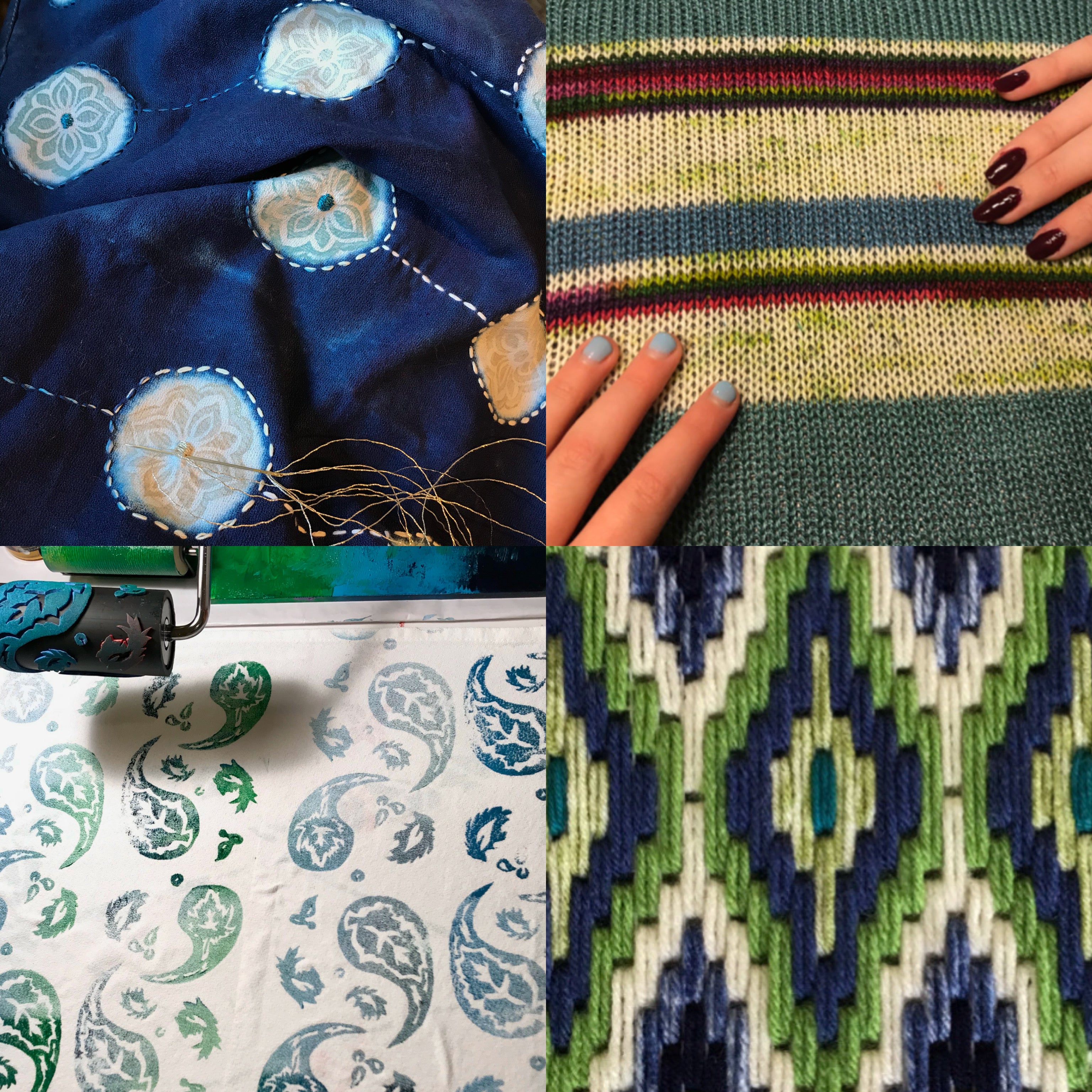 A variety of Kathy Barlow's textile arts and designs from her multi-passionate creative life, including block printing and stitching onto fabric, machine knitting and bargello needle point, in a palette of indigo, green and white.