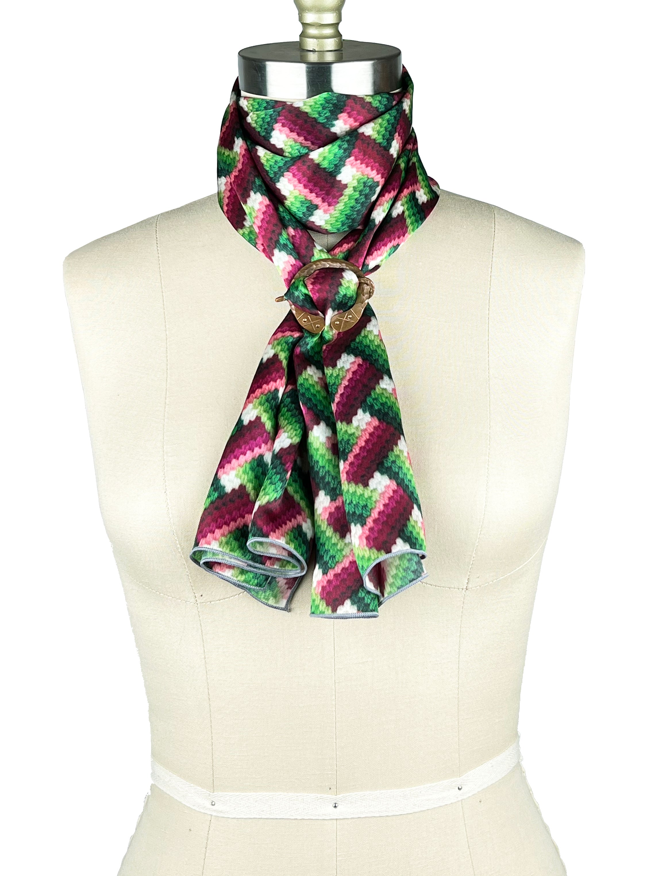 Women's designer silk scarf in a green and magenta pink basket weave Bargello needlepoint print