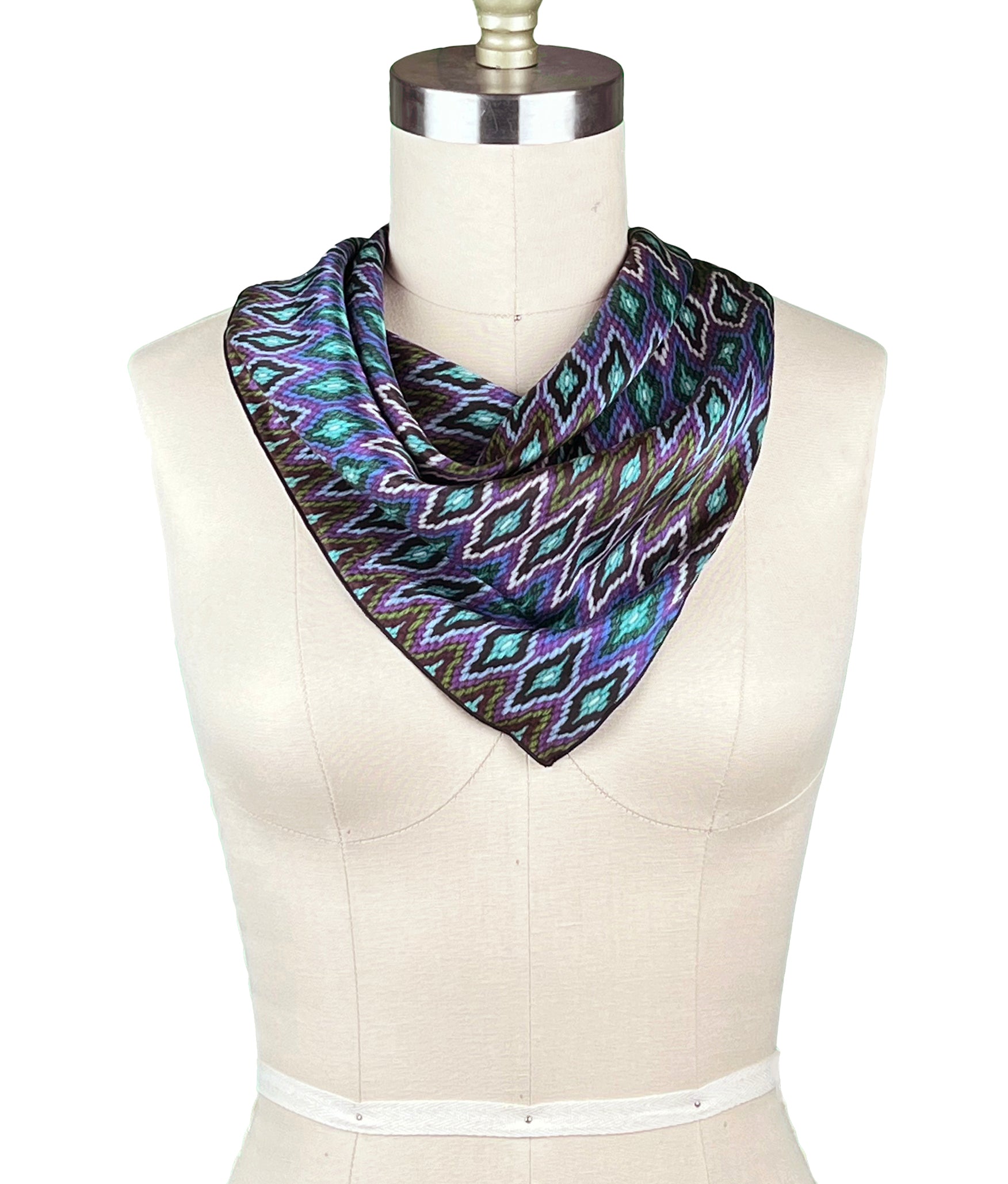 Colorful Bargello silk charmeuse 26' square scarf in blue and purple diamonds needlepoint pattern