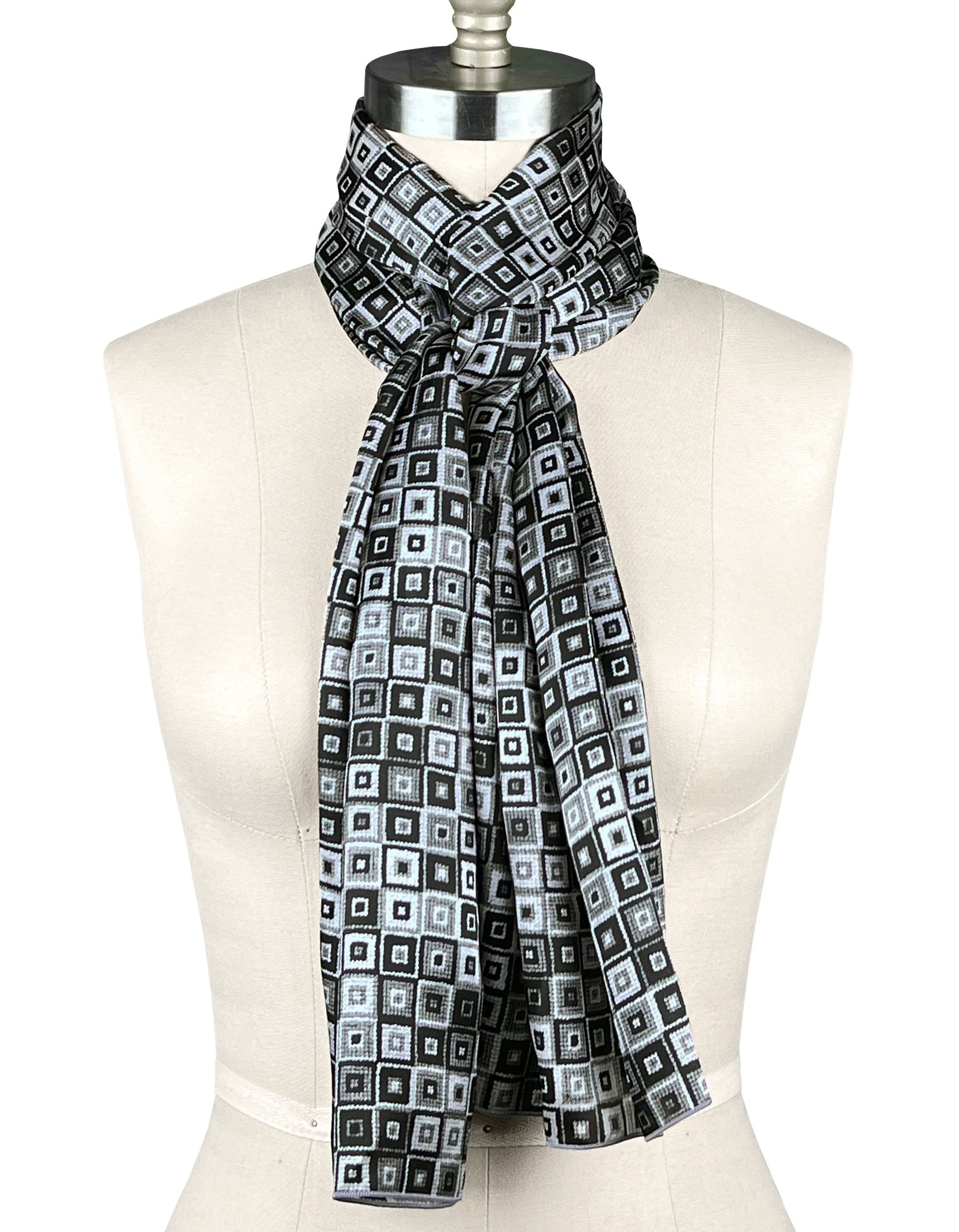 Modern needlepoint look black and white silk charmeuse scarf