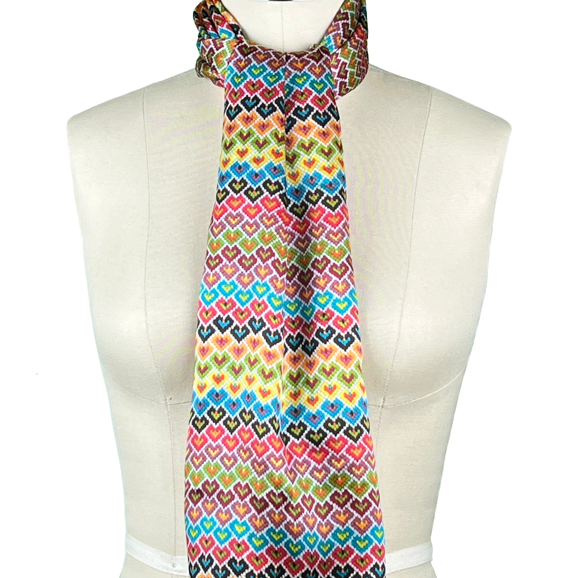 Colorful heart print silk charmeuse scarf in a textural-stitched look