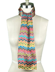 Colorful heart print silk charmeuse scarf in a textural-stitched look
