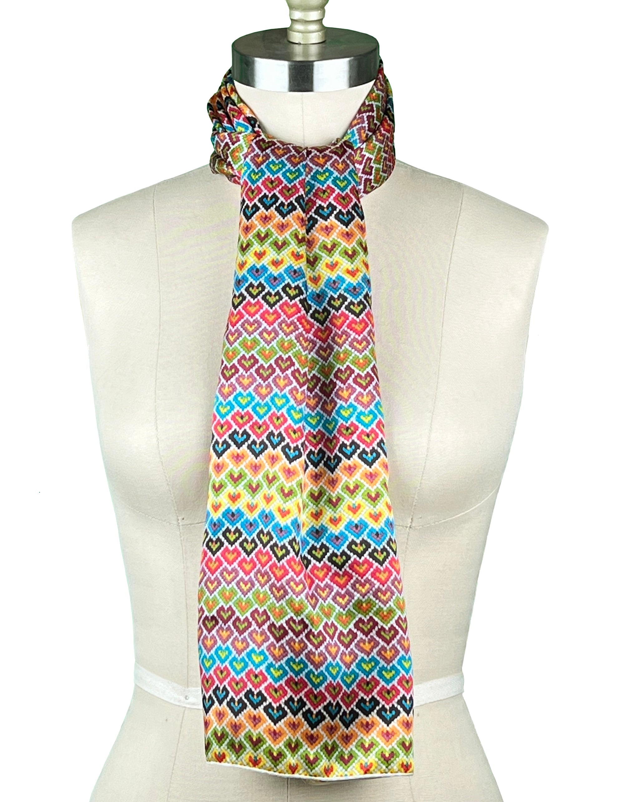 Colorful heart print silk charmeuse scarf in a textural-stitched look