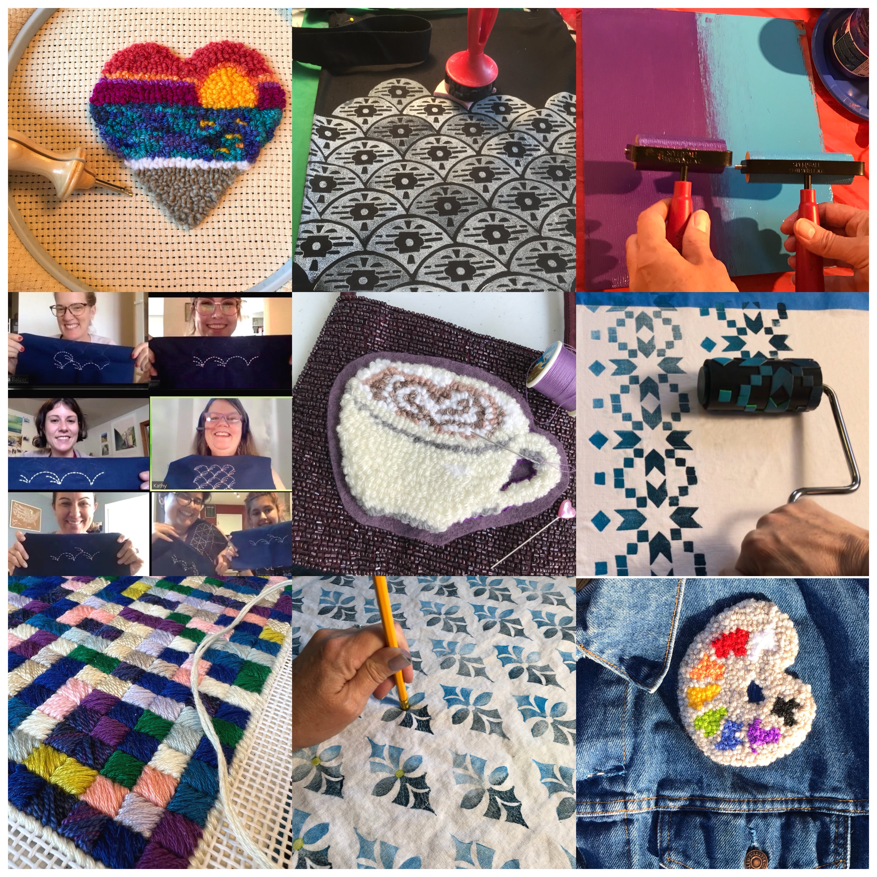 Colorful snapshots from Textile Artist Kathy Barlow's most popular workshops of Block Printing Repeating Patterns, Roller Printing on Fabric, Punch Needle Patches and Japanese Sashiko Embroidery.