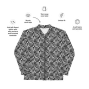 Features diagram for designer Kathy Barlow's stylish black and white needlepoint-look bomber jacket: Unisex fit. Anti-pill fleece with silky surface and brushed backside. Sturdy neck tape. Tear away care label. 2 self-fabric welt pockets.