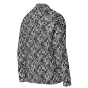 The back and side view of Kathy Barlow's unisex, monotone bomber jacket, designed in a contemporary needlepoint squares pattern.