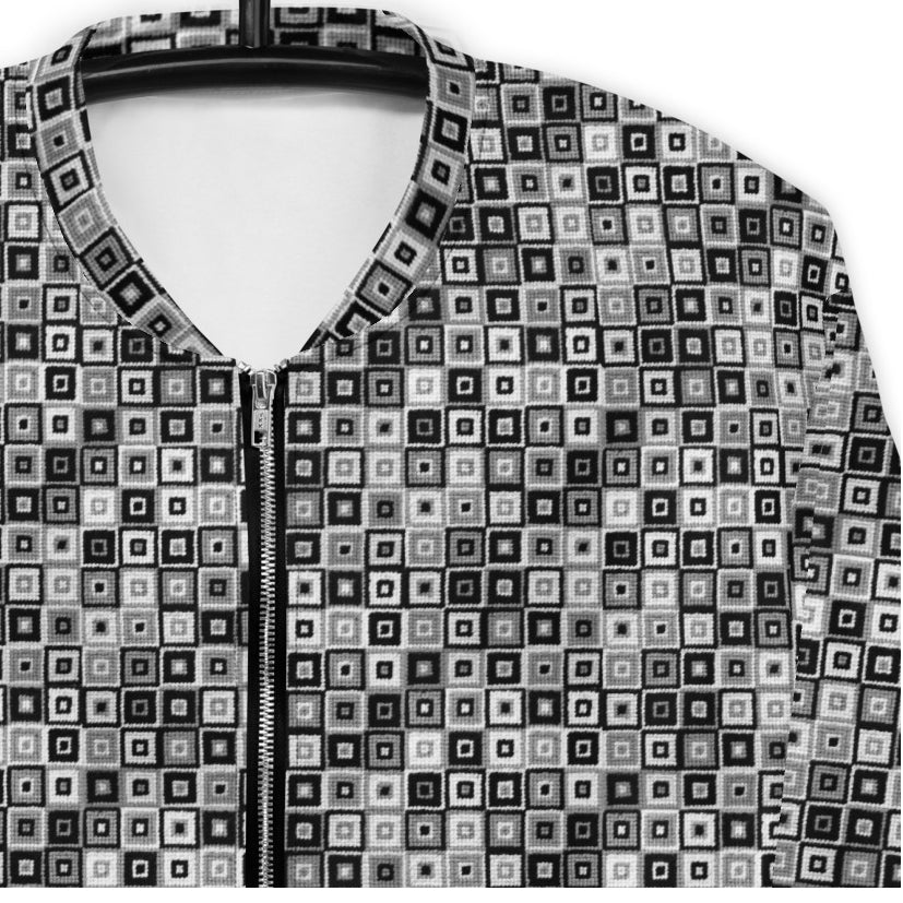 Front closeup of the needlepoint texture look of Kathy's stylish bomber jacket