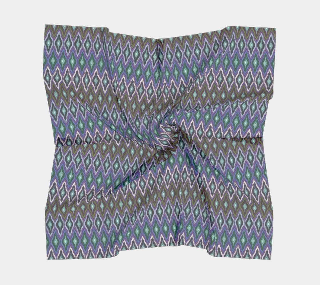 Colorful square silk scarf in Bargello diamond needlepoint design purple blues and green