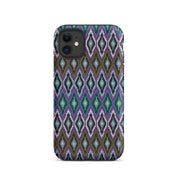 Bargello diamonds eye catching iPhone 11 case in blue, purple and green yarn needlepoint look