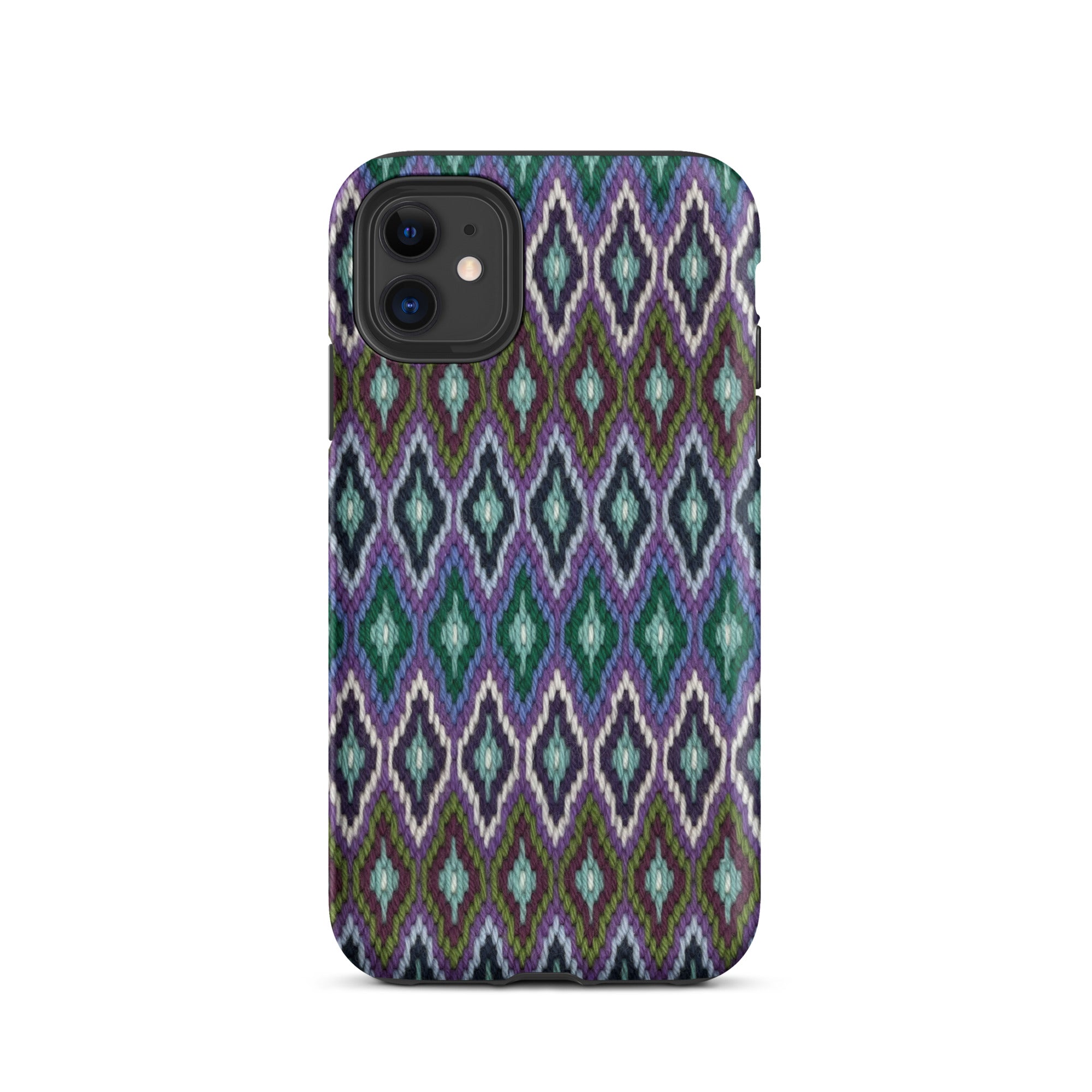 Bargello diamonds eye catching iPhone 11 case in blue, purple and green yarn needlepoint look