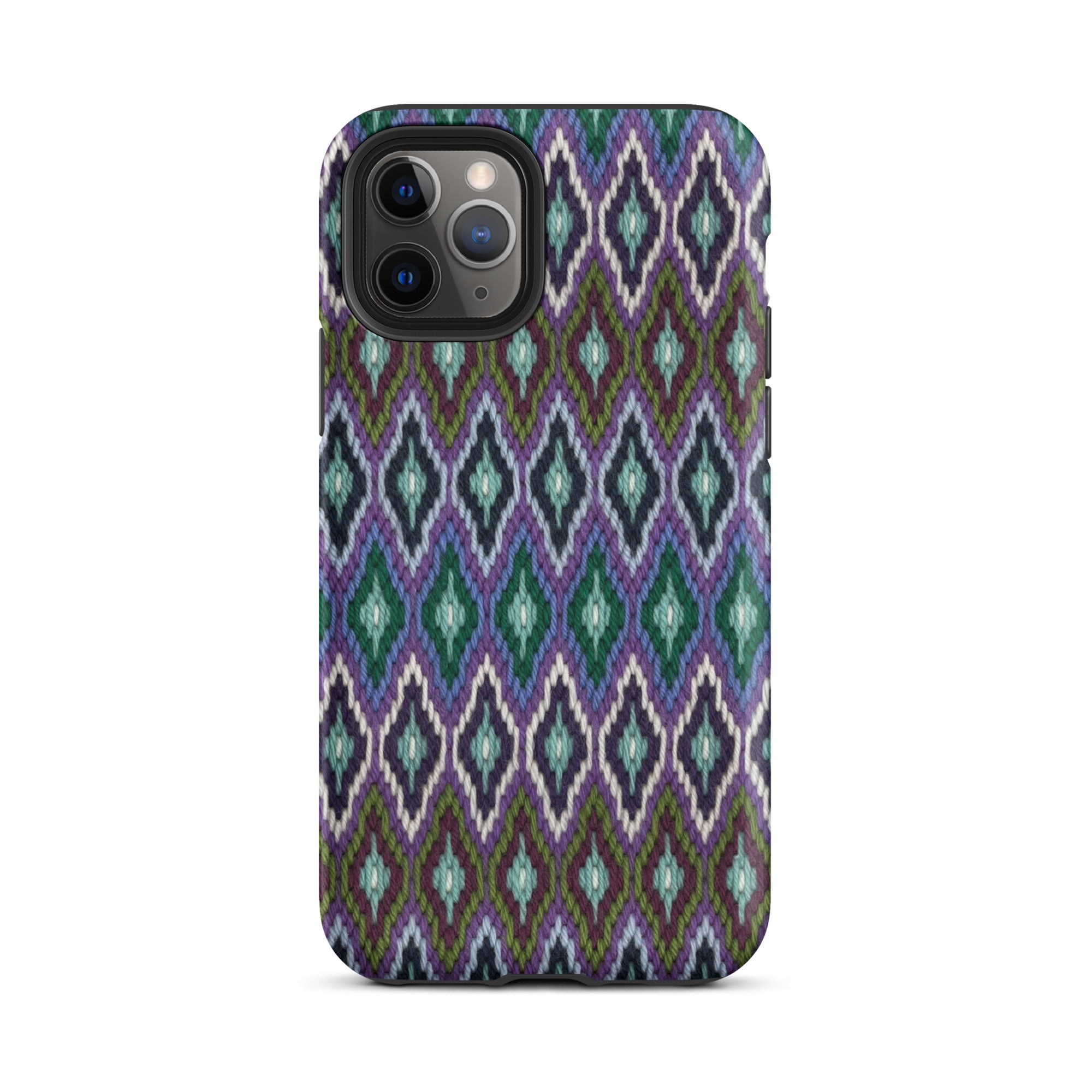 Blue and purple iPhone 11 Pro case in stitched-look geometric diamonds pattern