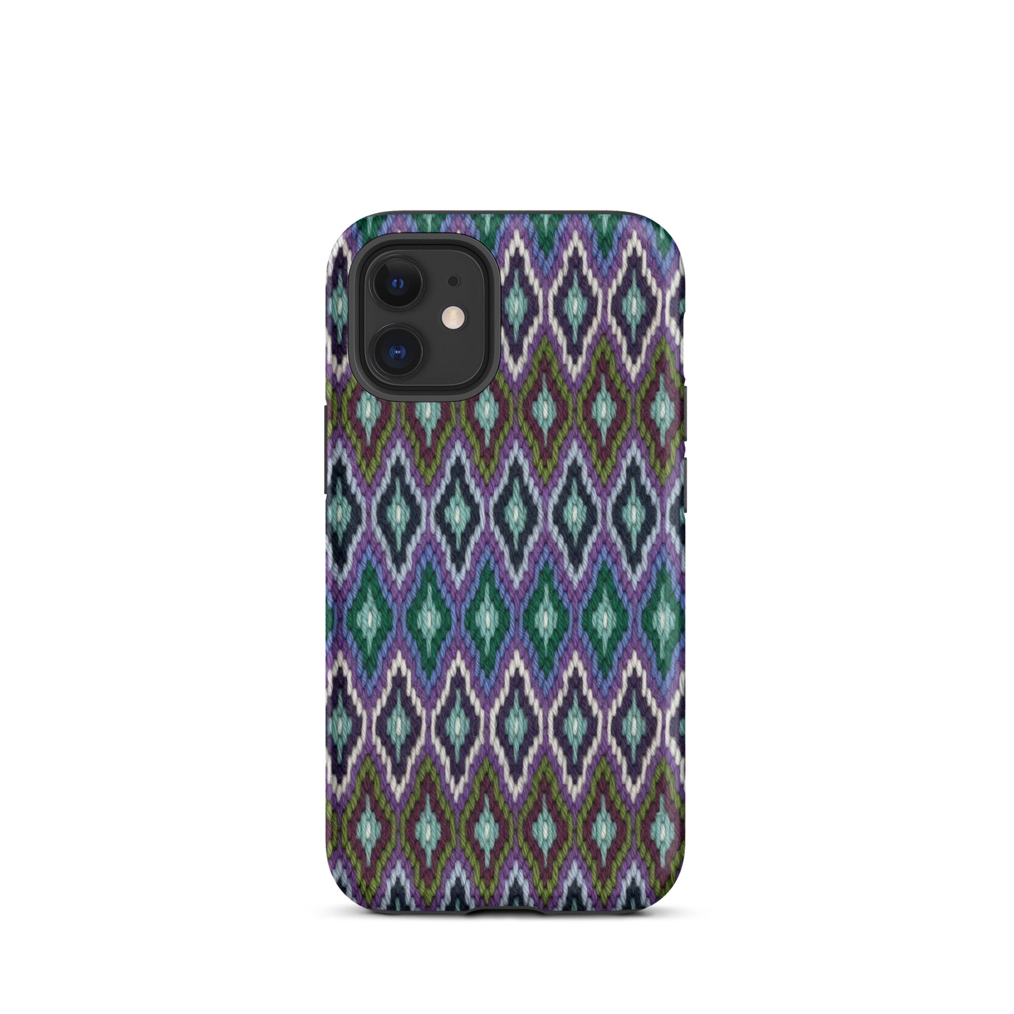 iPhone 12 Mini case multicolor geometric pattern in blue, indigo, purple, green and white