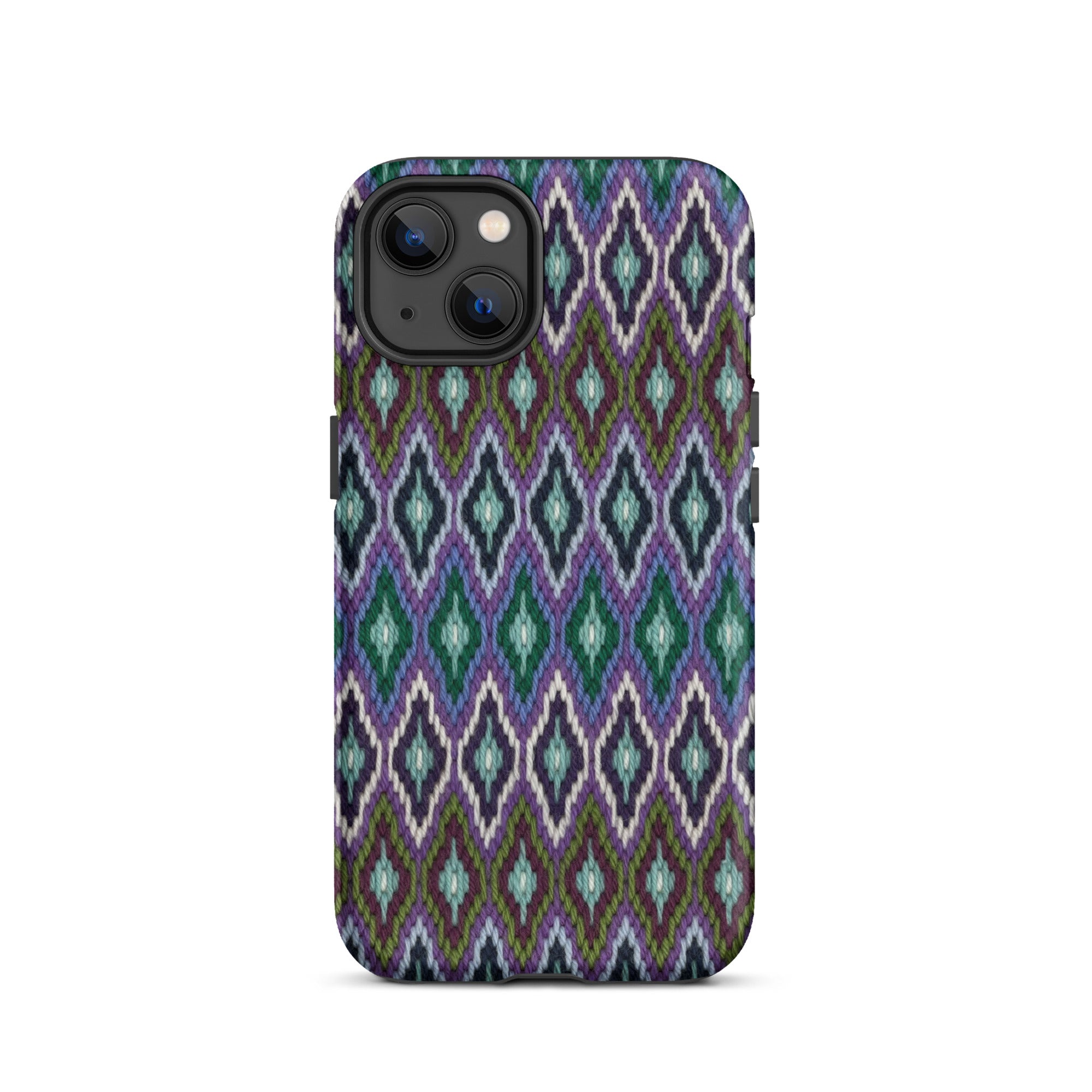 Eye-catching iPhone 13 multicolored case in blue and purple diamond yarn design