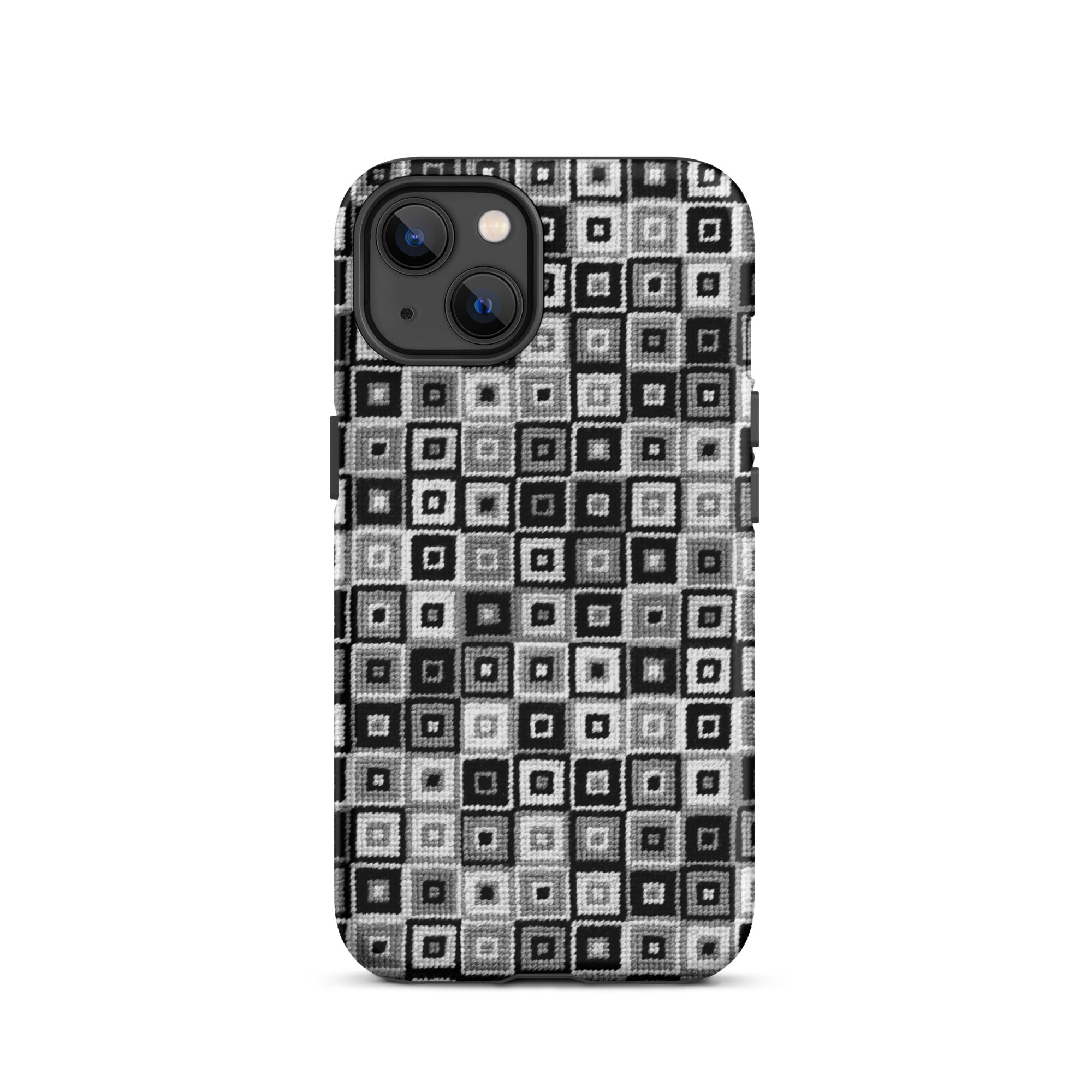 iPhone 13 black white and grey case in graphic needlepoint pattern