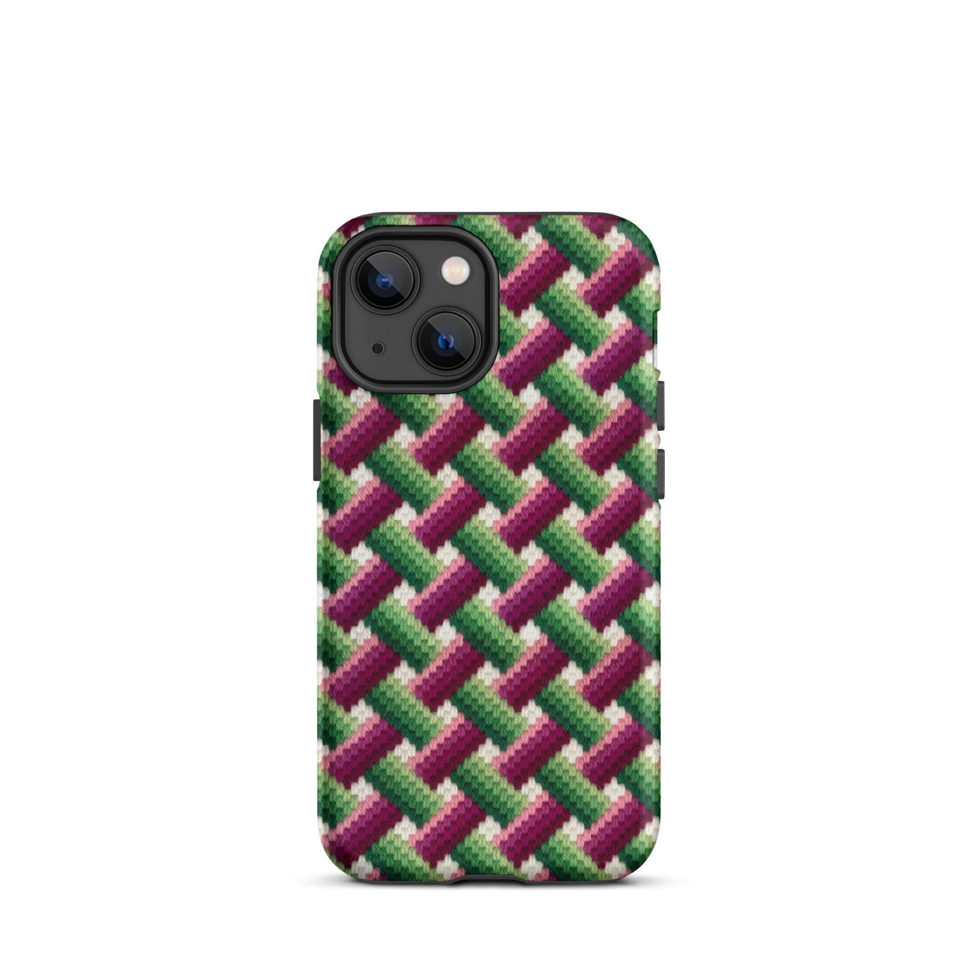 iPhone 13 Mini case with geometric Bargello needlepoint design in magenta, pink, green and white