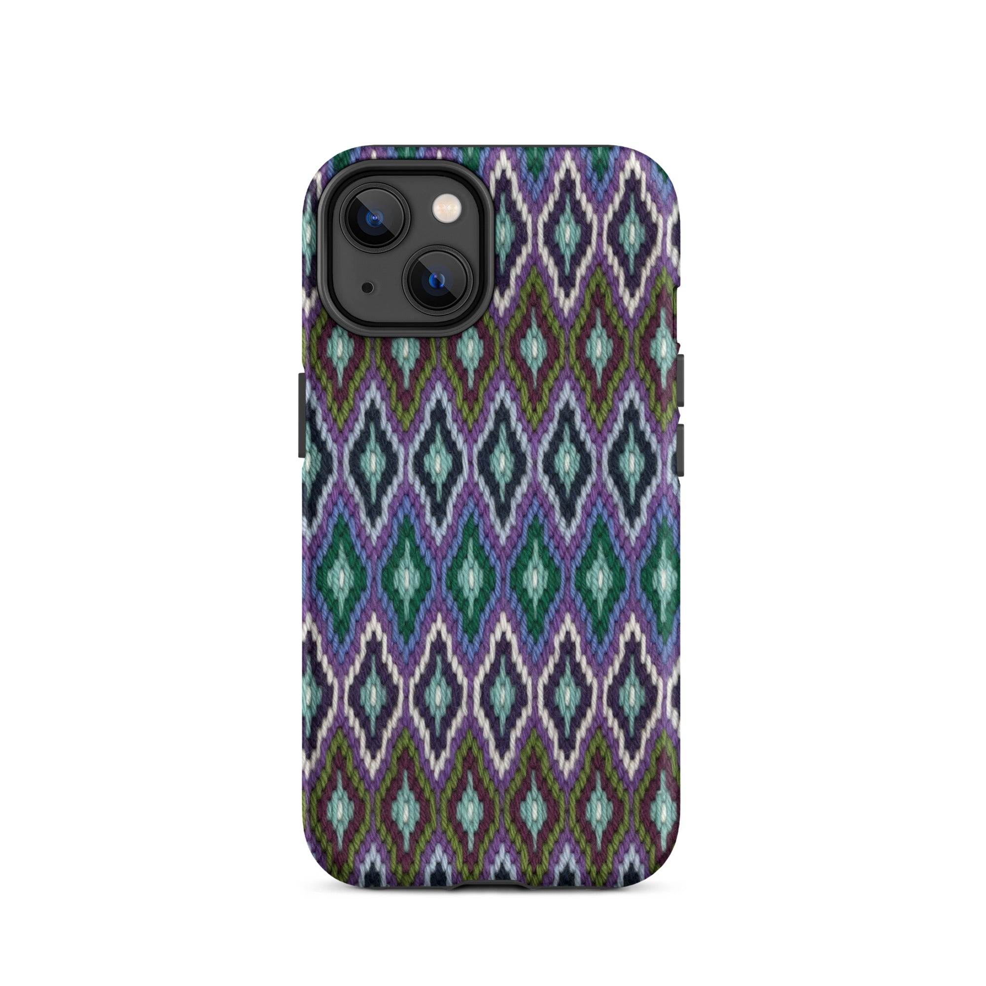 Bargello diamonds eye-catching iPhone 14 case in colorful yarns look