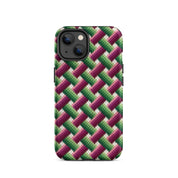 iPhone 14 case in basket weave pinks and greens