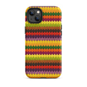 Fall colors iPhone 14 Plus case in needlepoint leaf stripe design