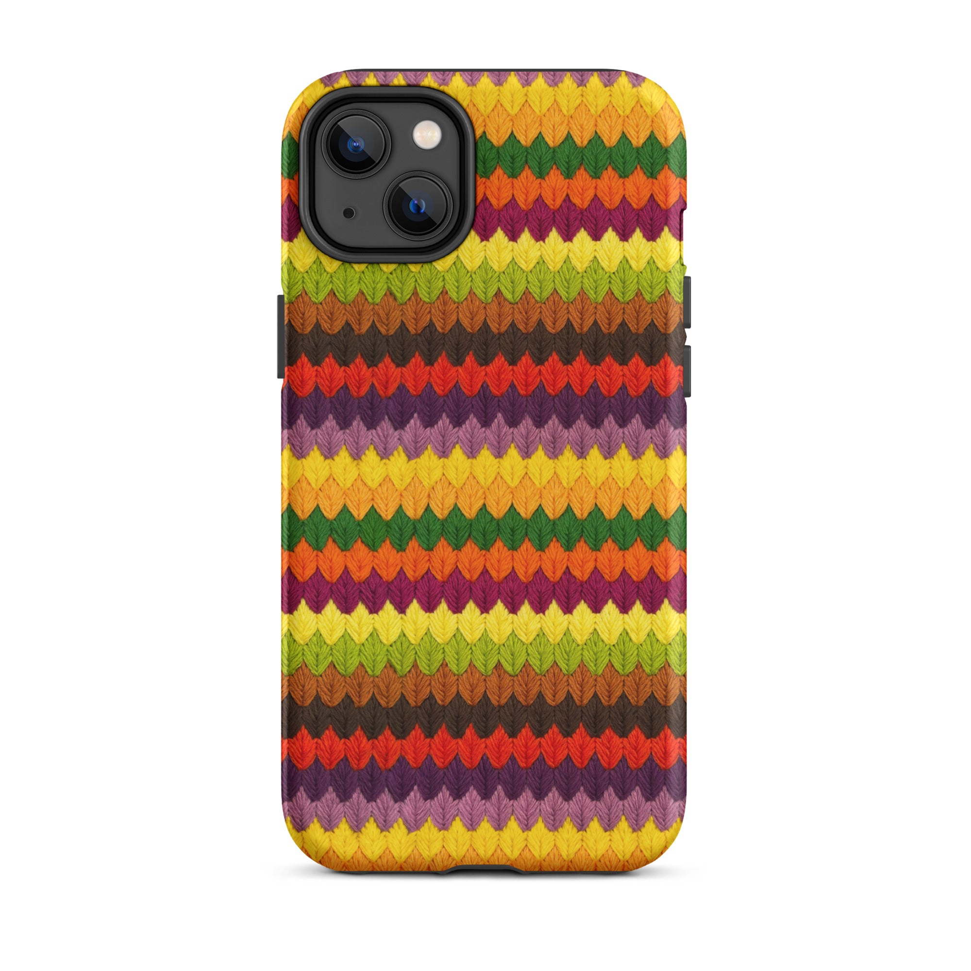 Fall colors iPhone 14 Plus case in needlepoint leaf stripe design
