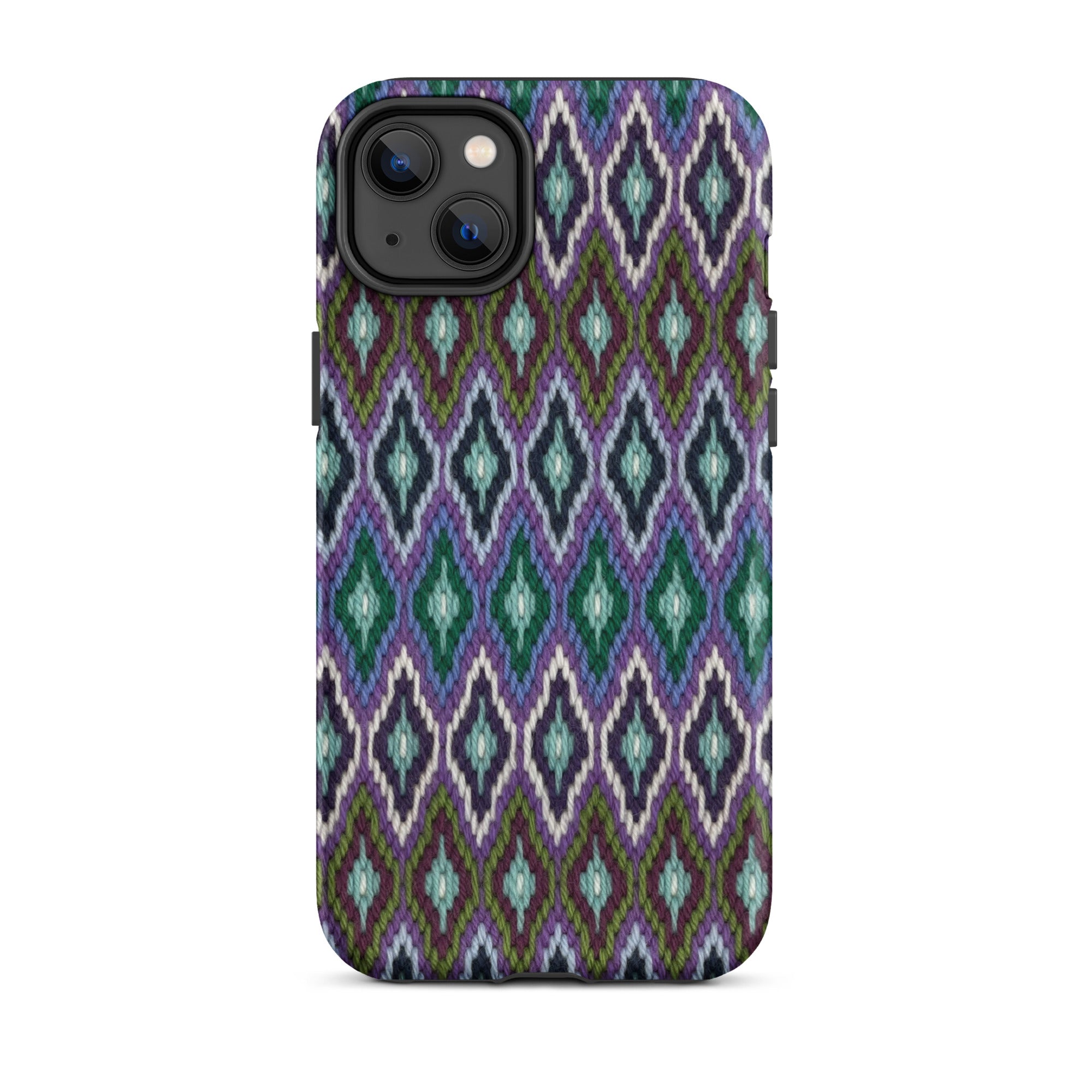 Eye catching iPhone 14 Plus case in purple and blue needlepoint design