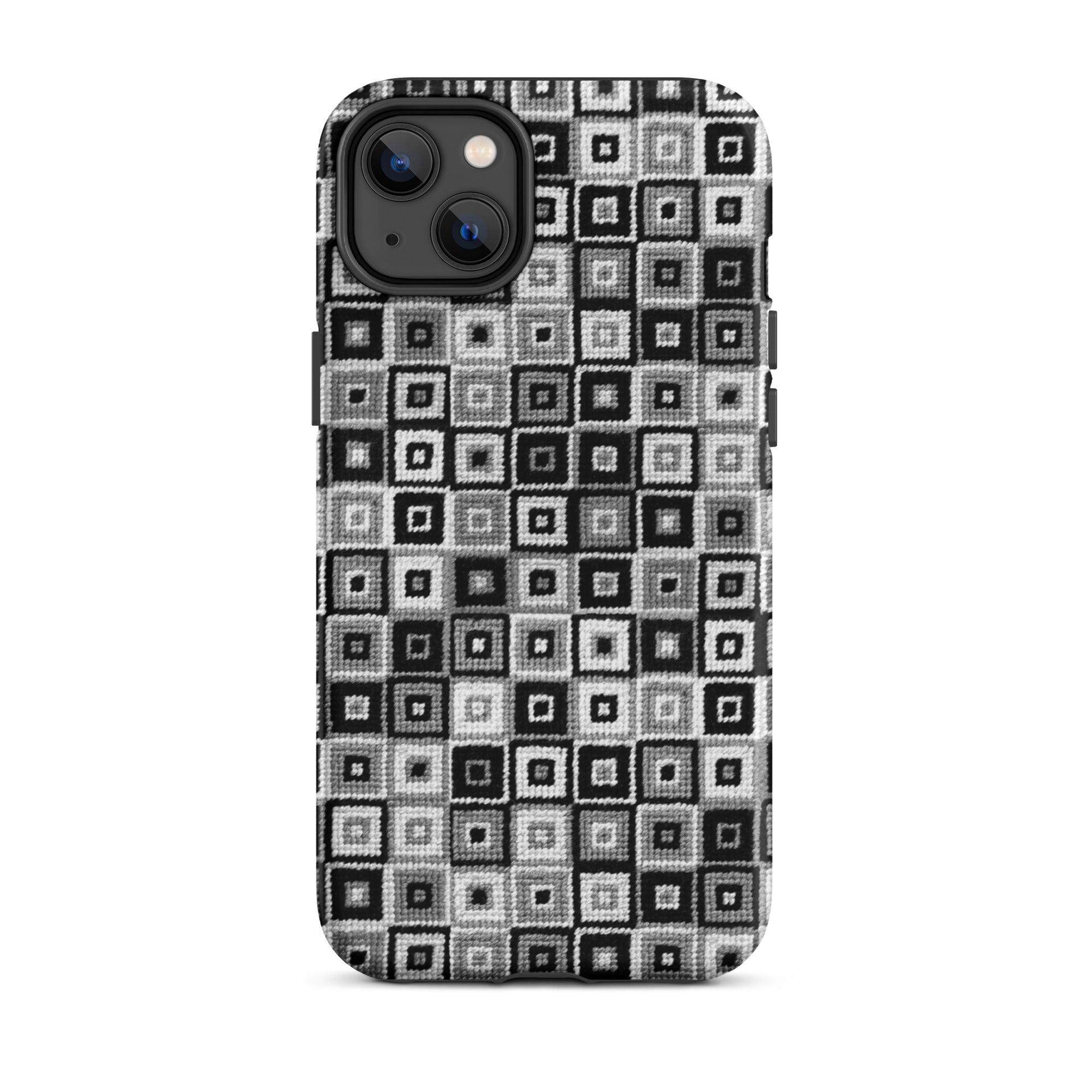 Black and white geometric stitched-look iPhone 14 Plus case