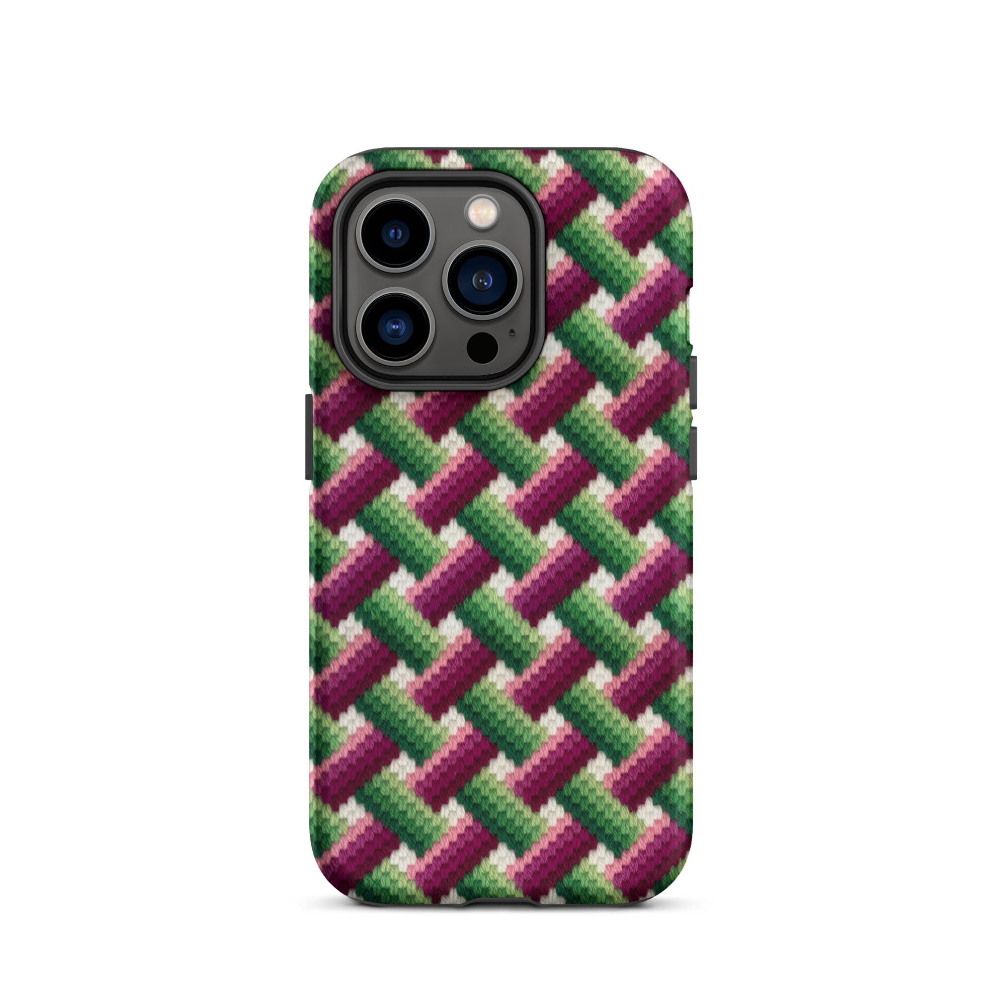 Geometric basket weave iPhone 14 Pro phone case in pinks, greens and white
