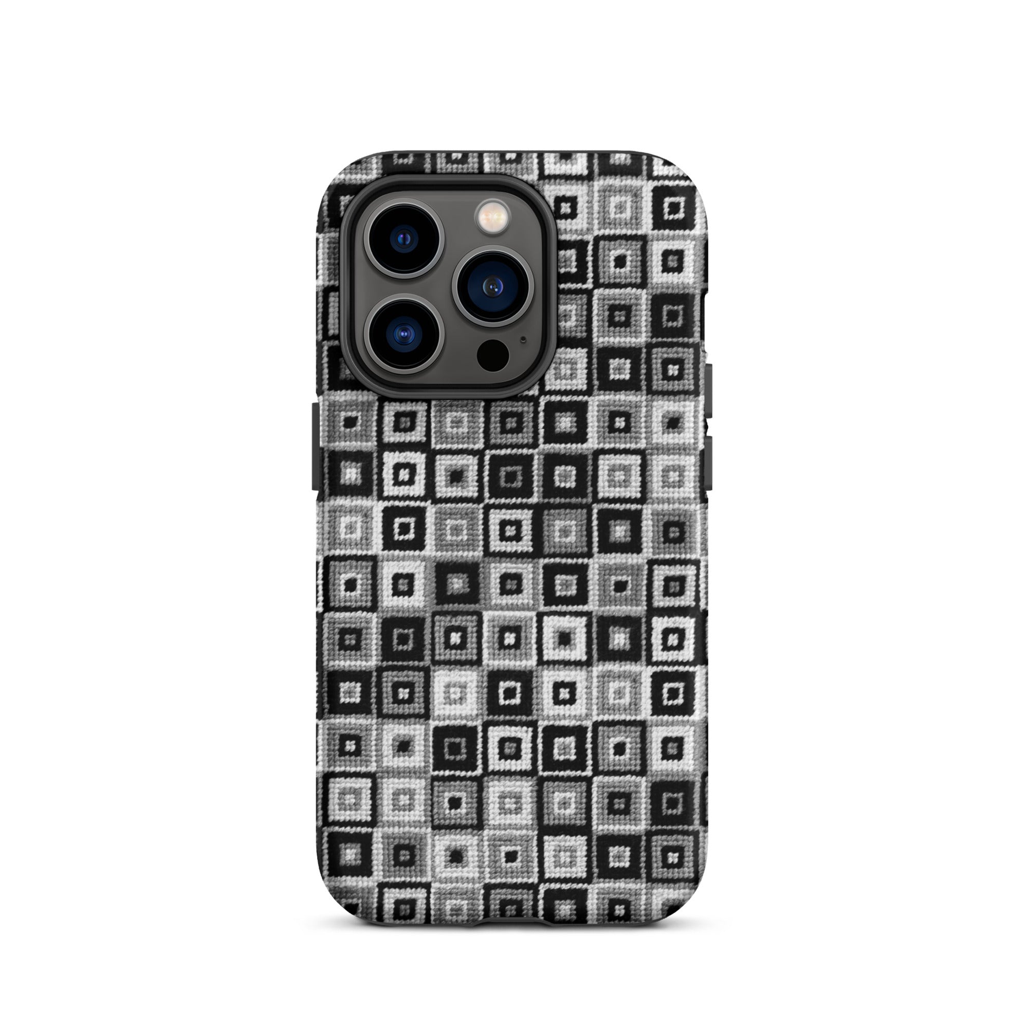 Creative needlepoint look phone case for iPhone 14 Pro in black white and gray squares