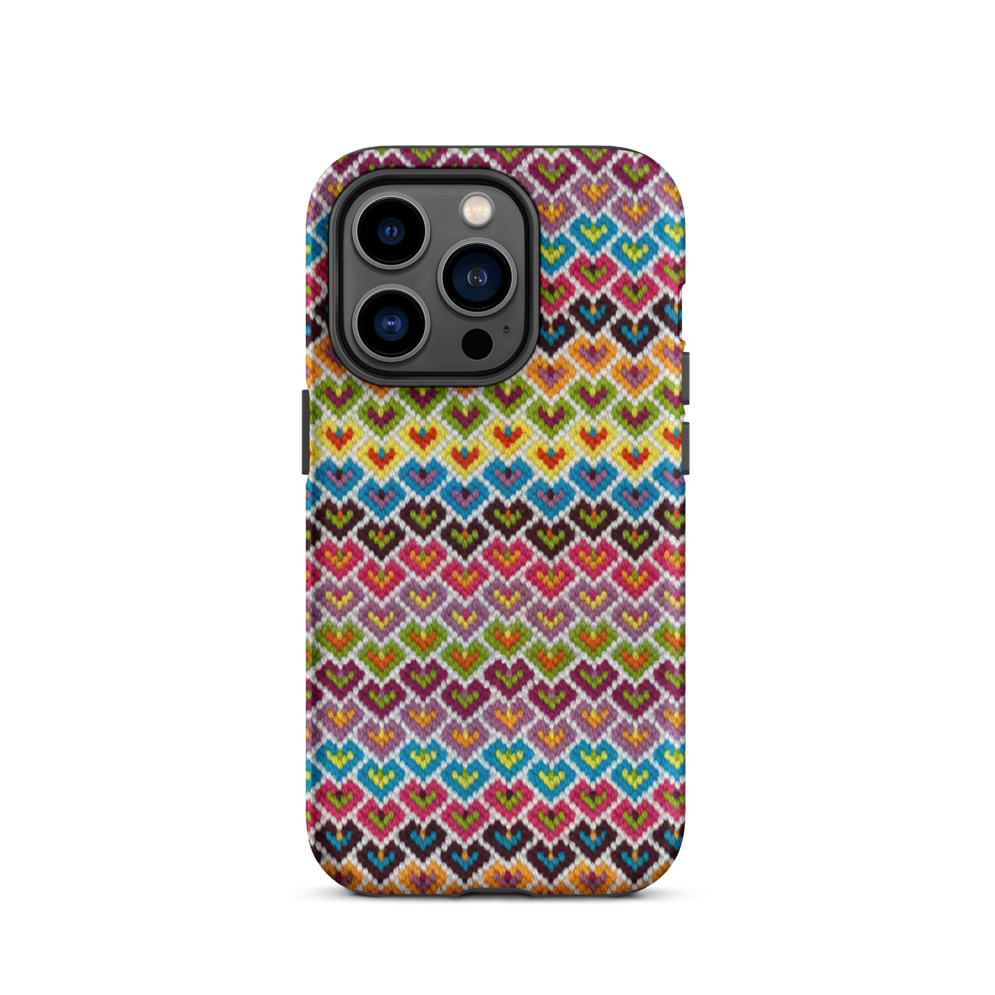 multicolor phone case for iPhone 14 Pro in a needlepoint look