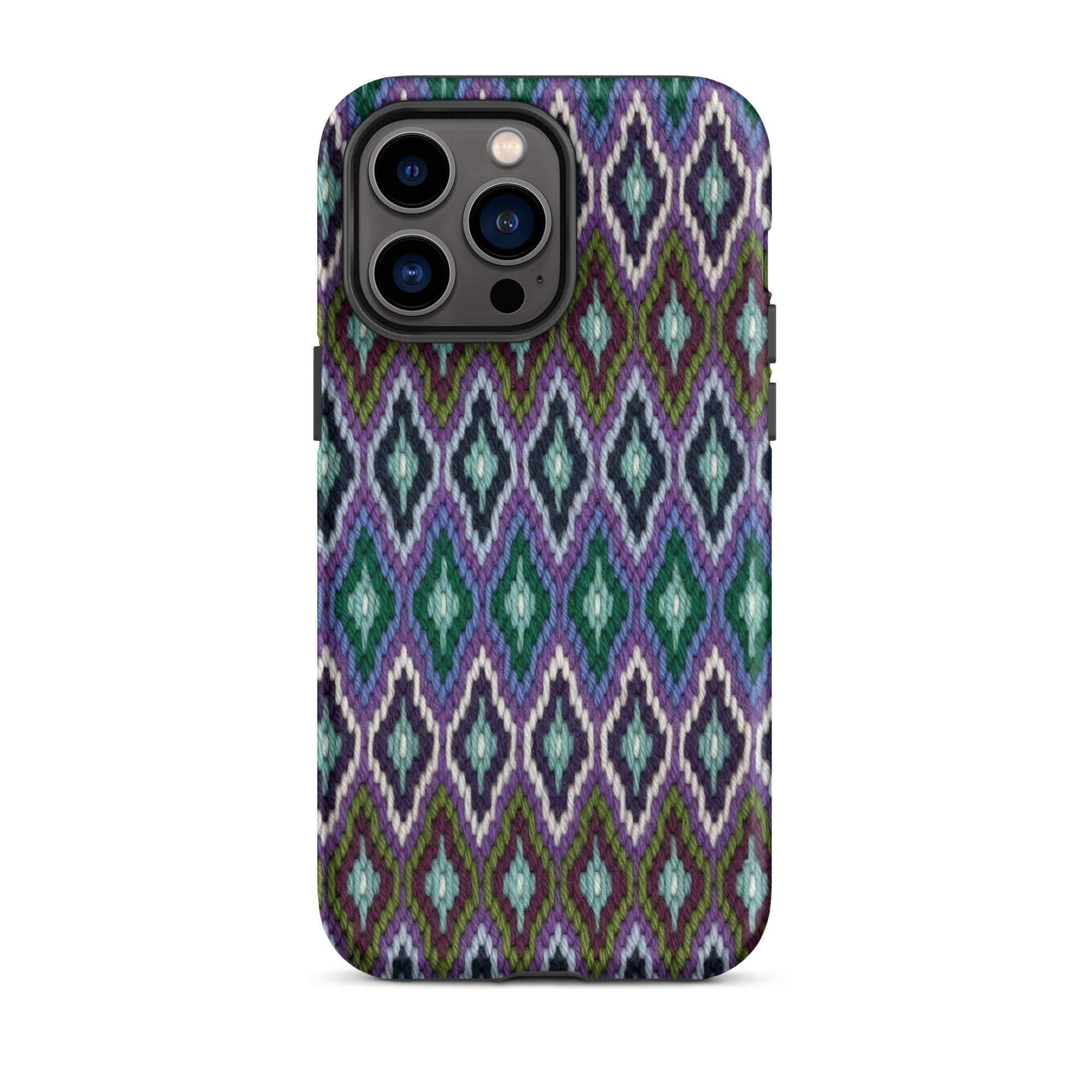 Multicolor diamonds iPhone 14 Pro Max phone case in eye catching indigo, blue, purple, green and white design