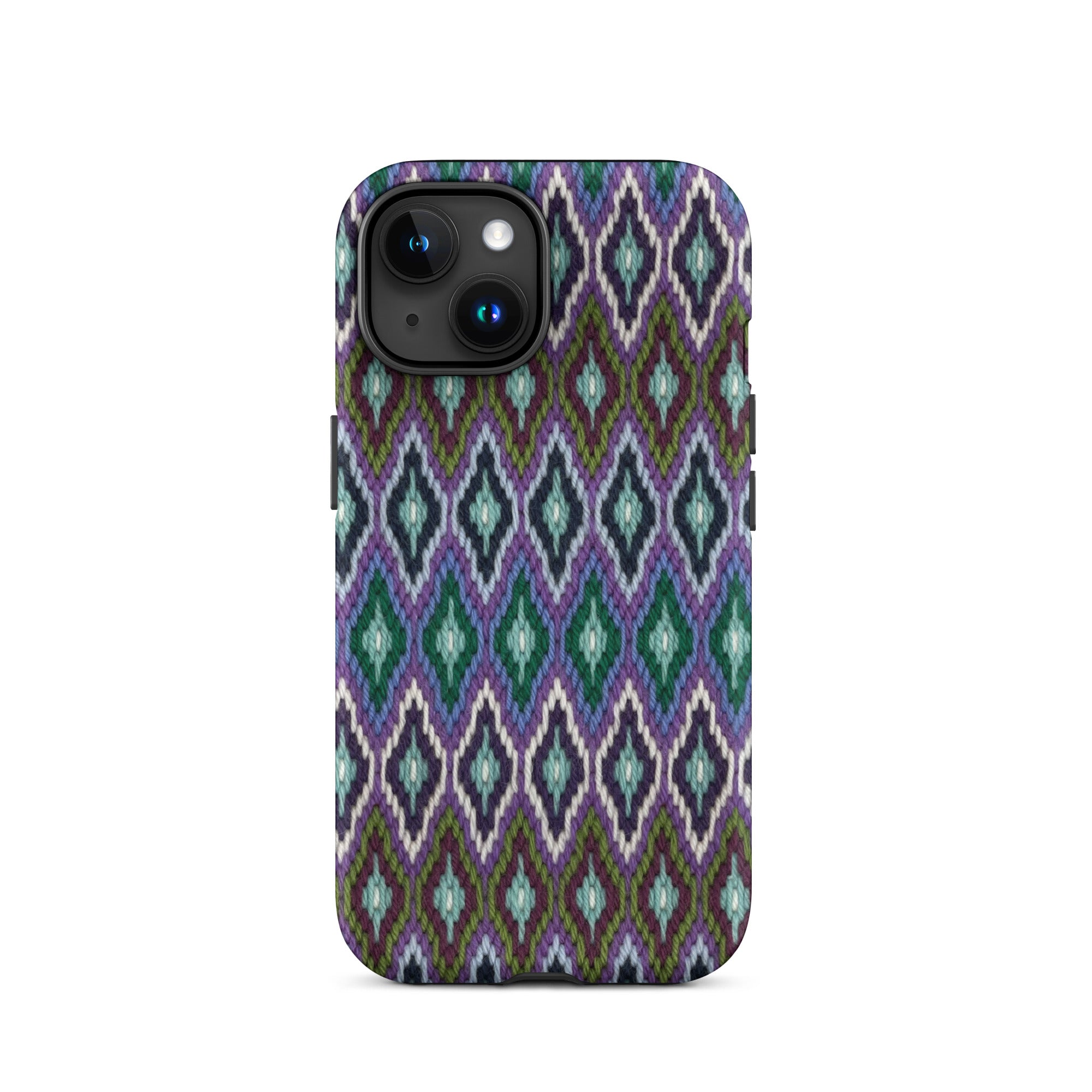 Needlepoint-look eye-catching iPhone 15 case in diamonds graphic yarns pattern
