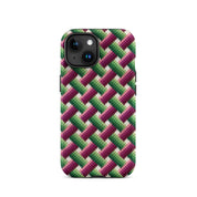 Pink, magenta, green and white iPhone 15 case in basket weave stitched look