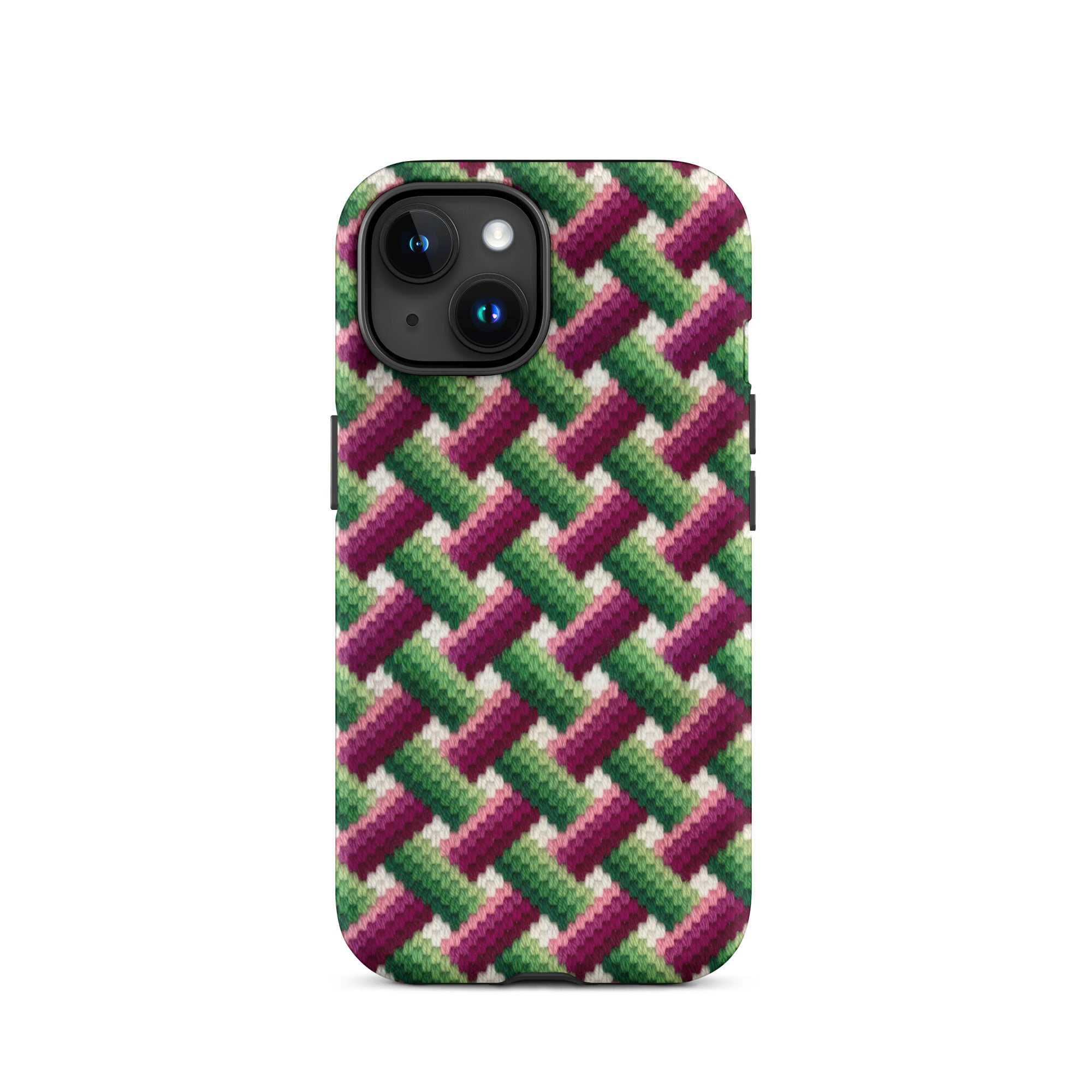 Pink, magenta, green and white iPhone 15 case in basket weave stitched look