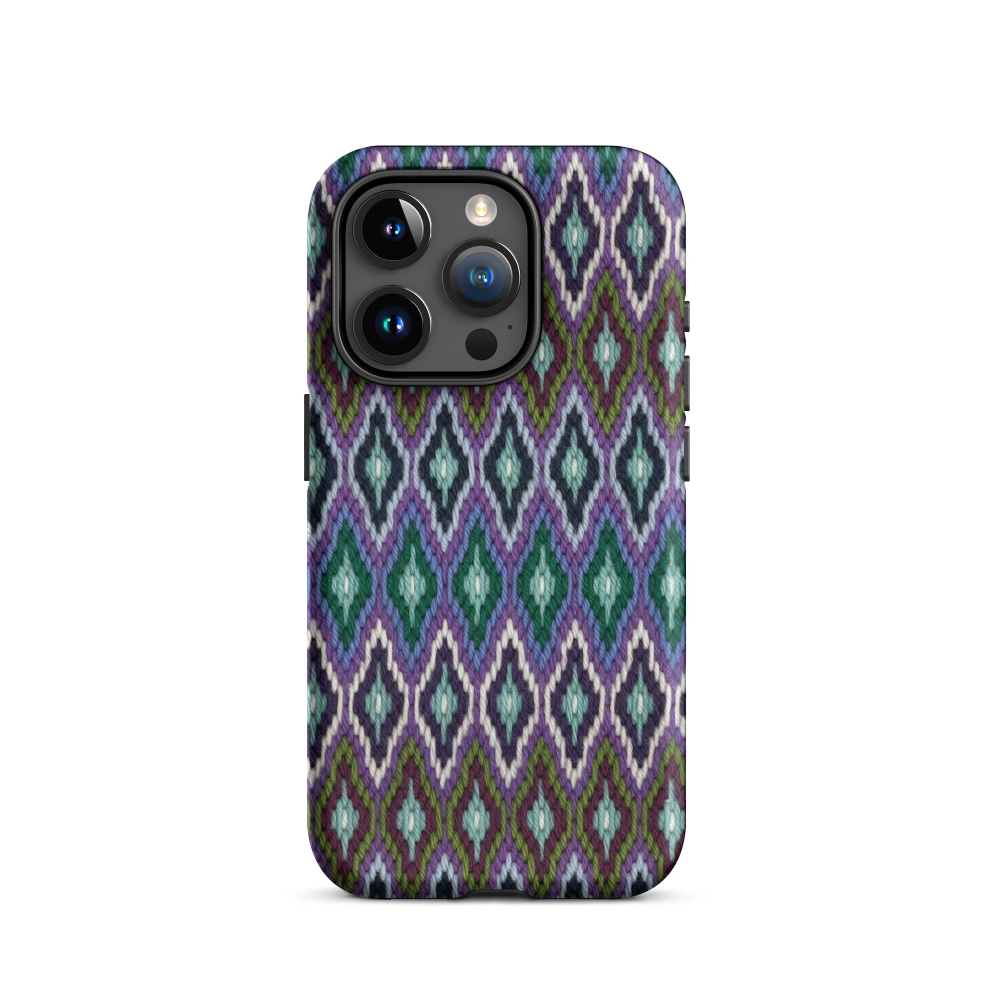 Multicolor yarn needlepoint design phone case for iPhone 15 Pro