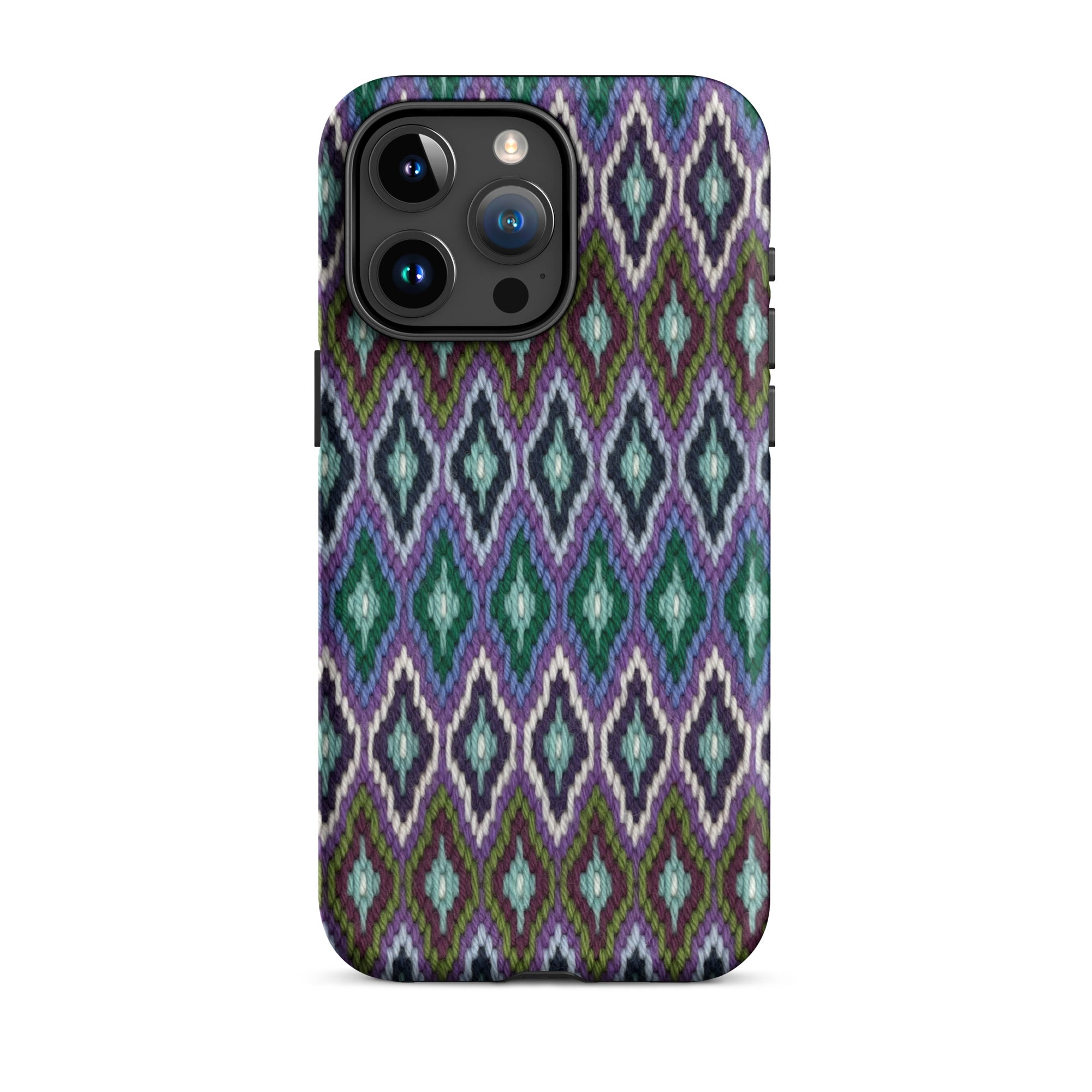 Blue, purple and green iPhone 15 Pro Max case in Bargello needlepoint pattern