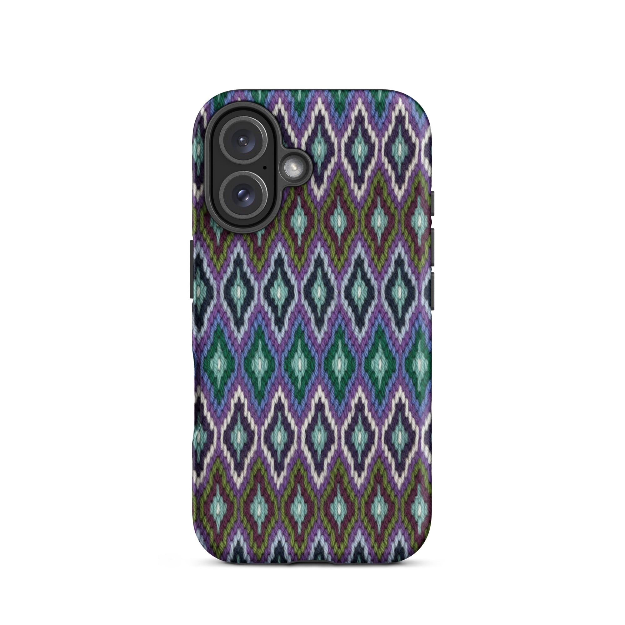 Multicolor iPhone 16 case in needlepoint diamonds yarn pattern
