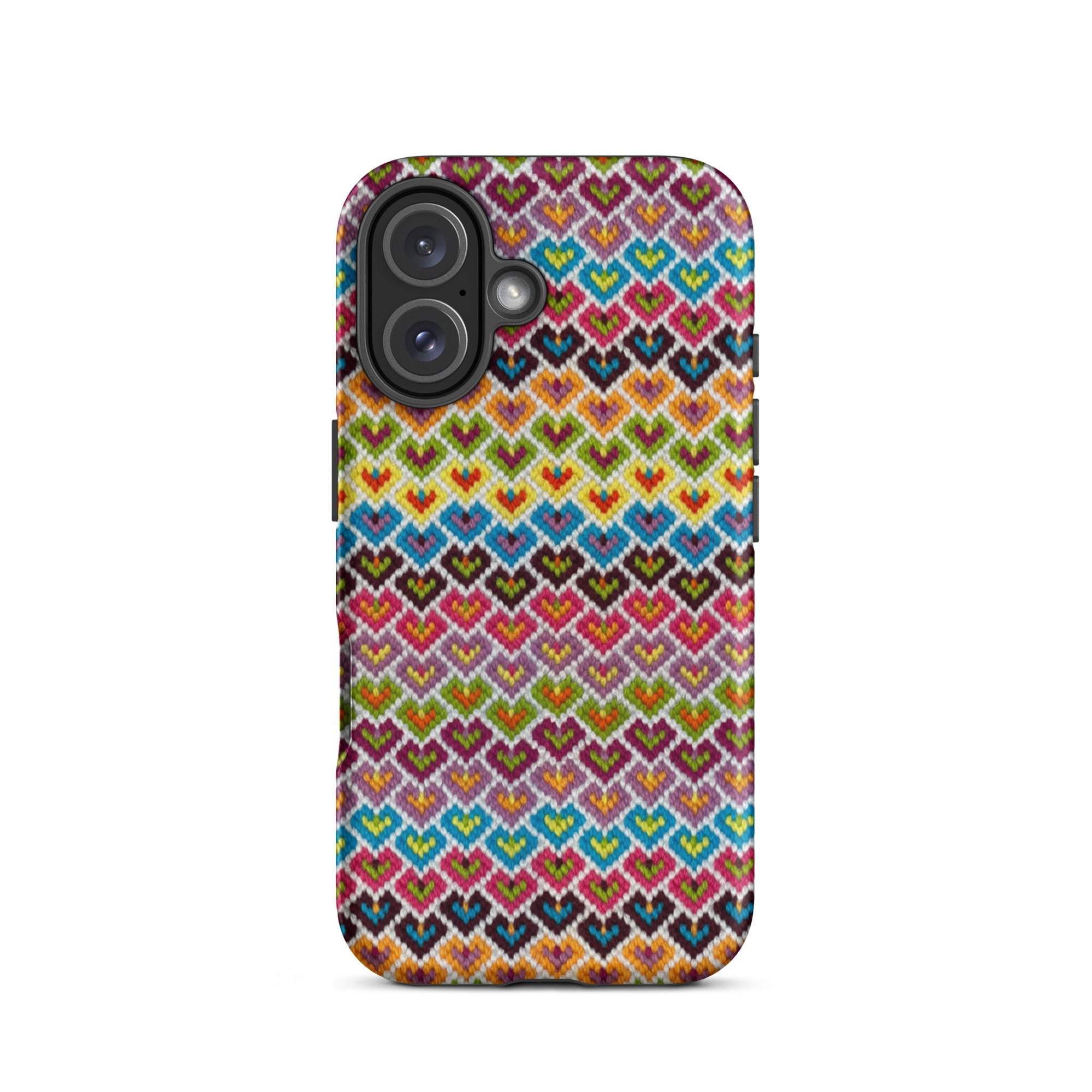 Colorful iPhone 16 case with a hearts striped pattern by Kathy Barlow