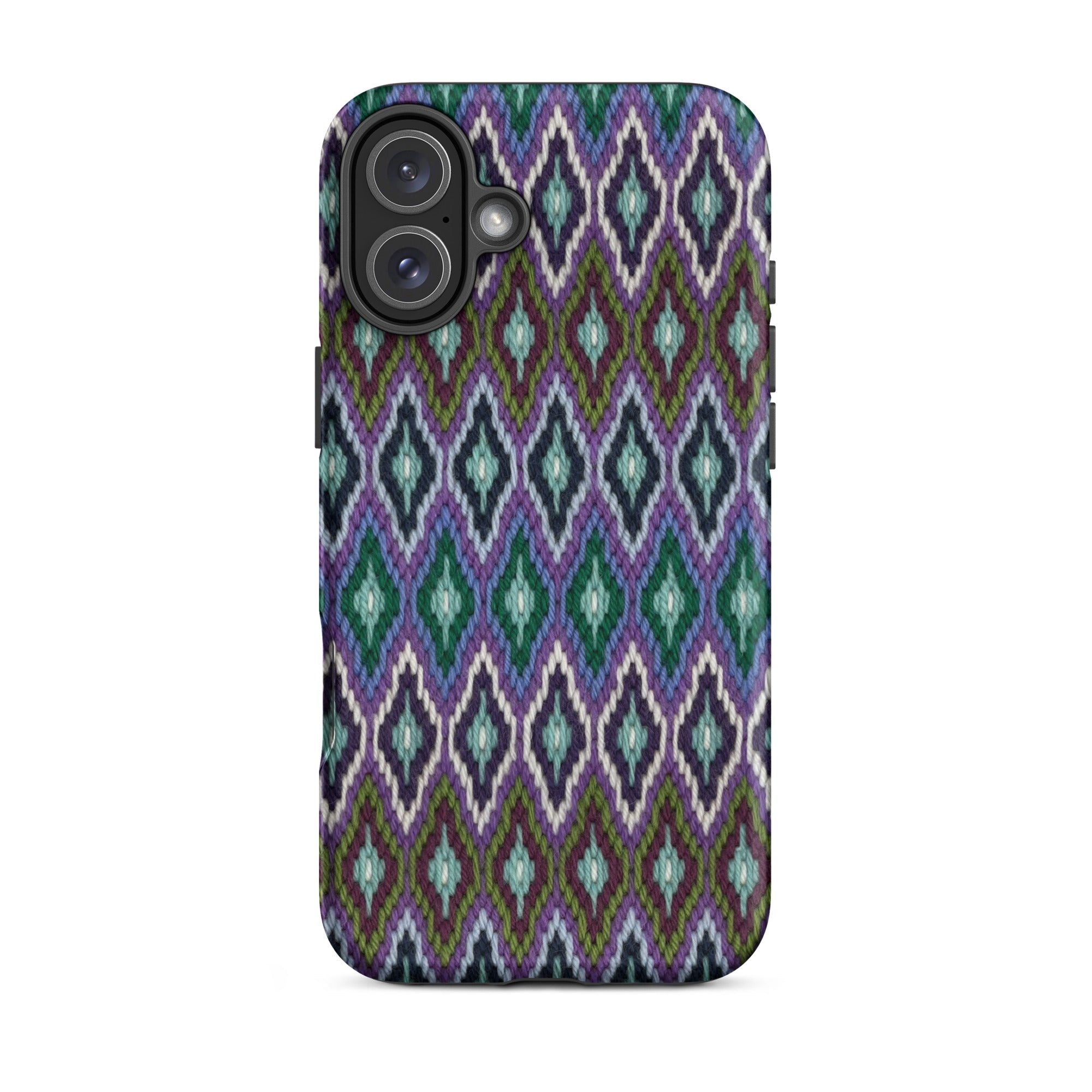 iPhone 16 Plus case in eye-catching indigo, purple and green needlepoint design