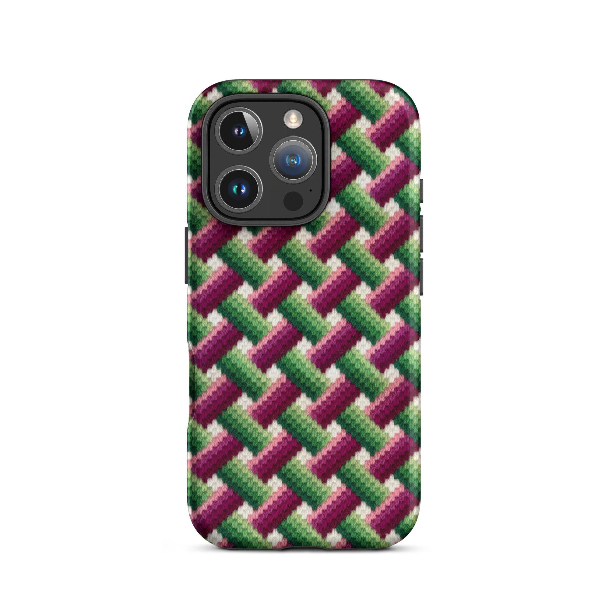 Needlepoint-look basketweave iPhone 16 Pro case in berry, green and white