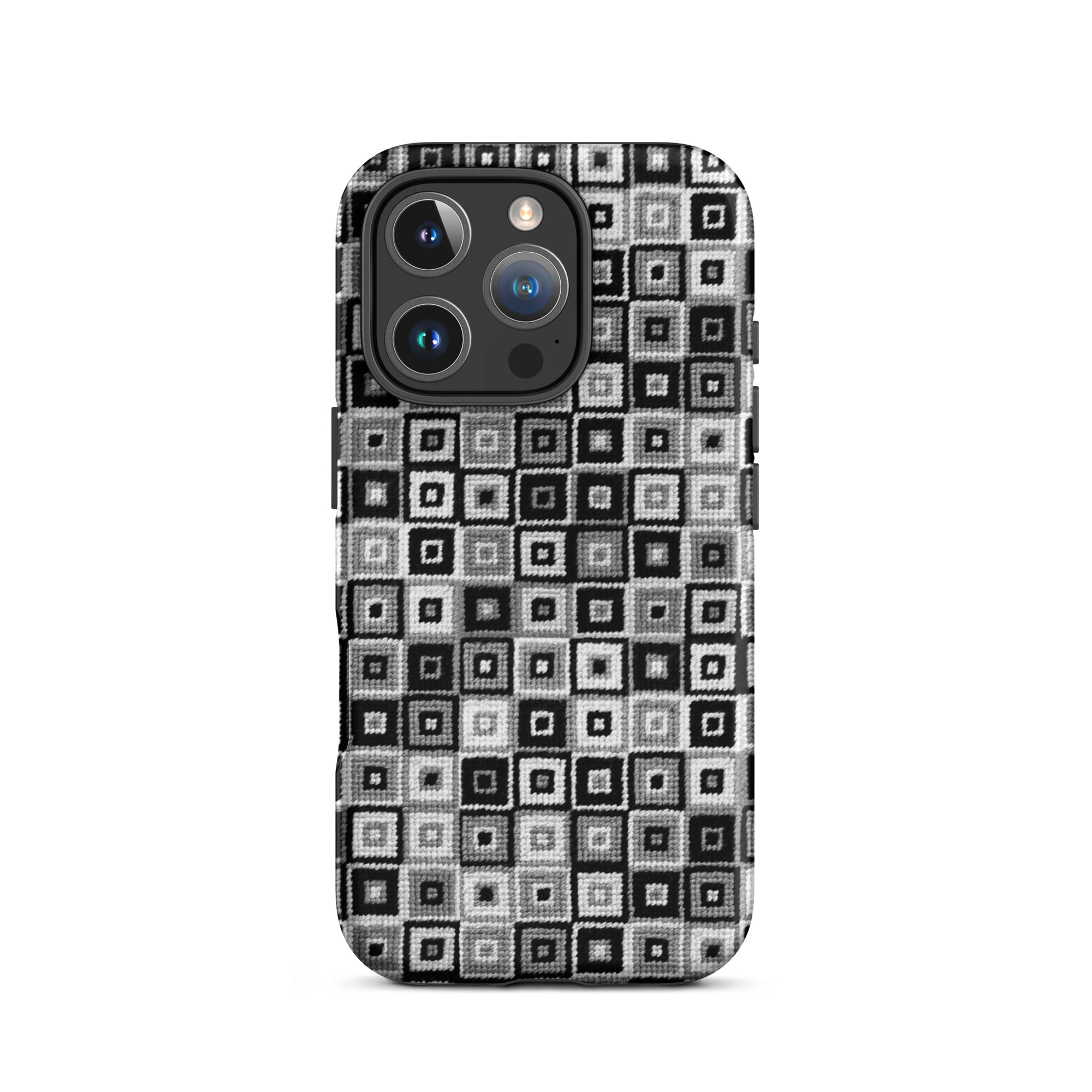 Modern stitched-look black and white iPhone 16 Pro case