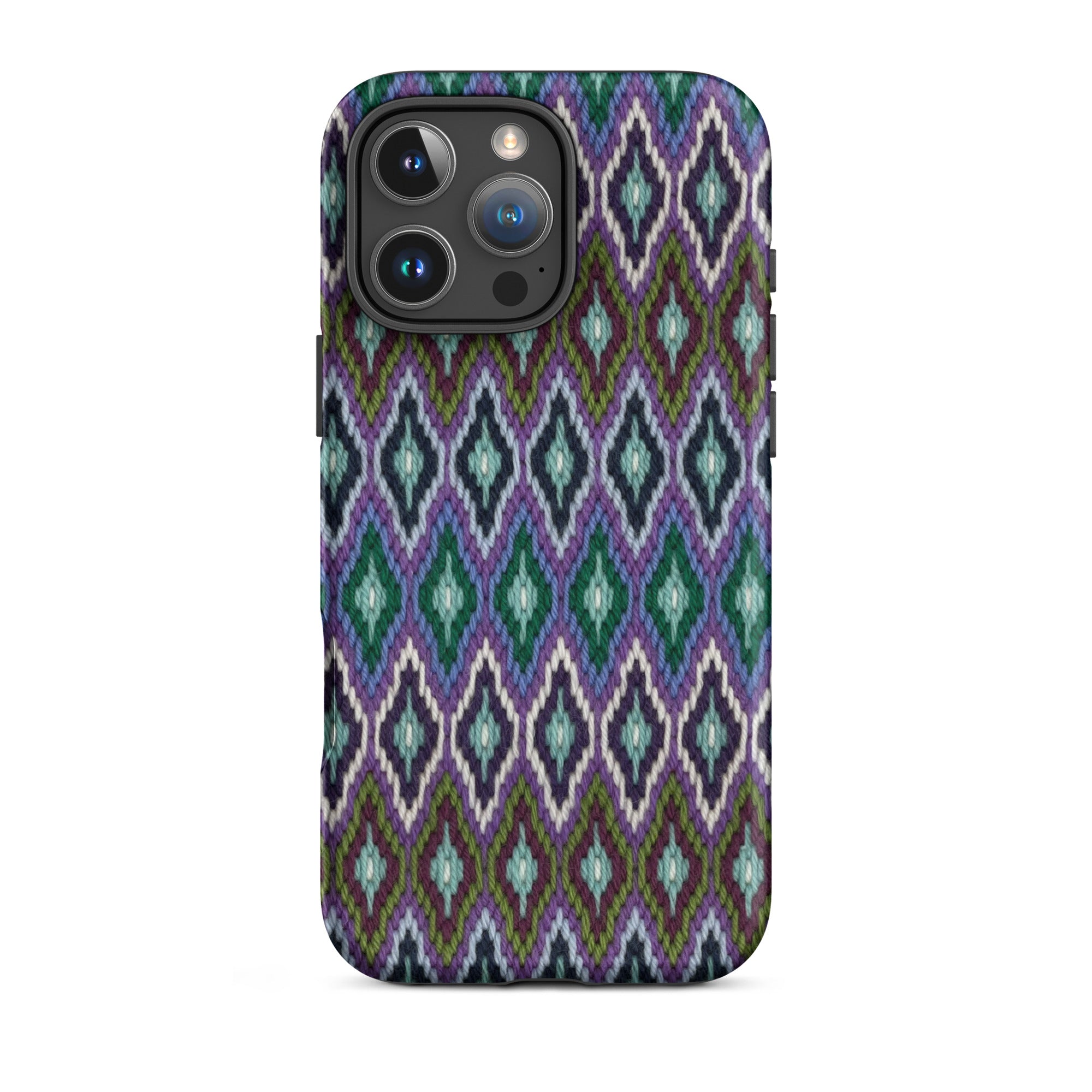 Eye-catching iPhone 16 Pro Max Case in blue and purple Bargello design