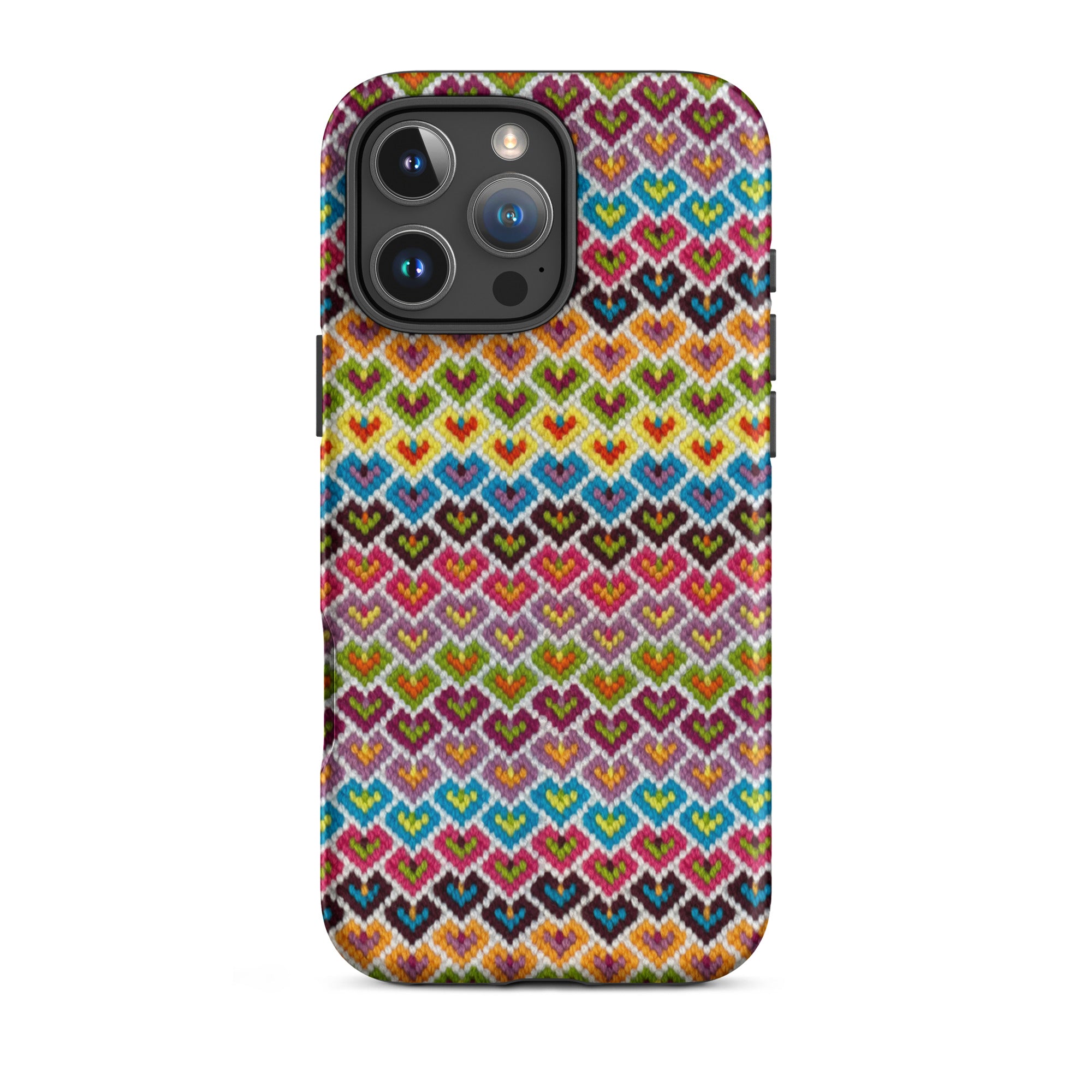 Needlepoint hearts pattern iPhone 16 Pro Max case in a bright happy rainbow of colors
