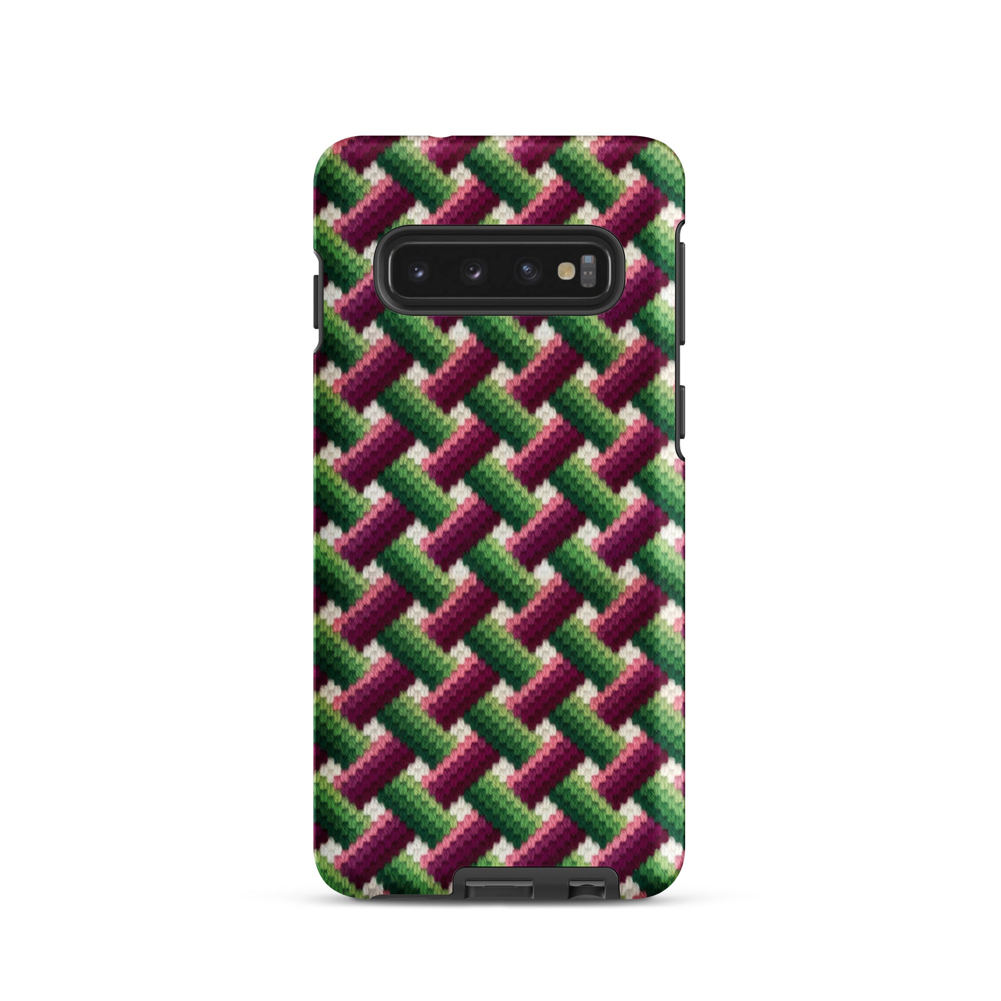 Eye catching Samsung phone case for Galaxy s10 in Bargello basketweave green and magenta pink
