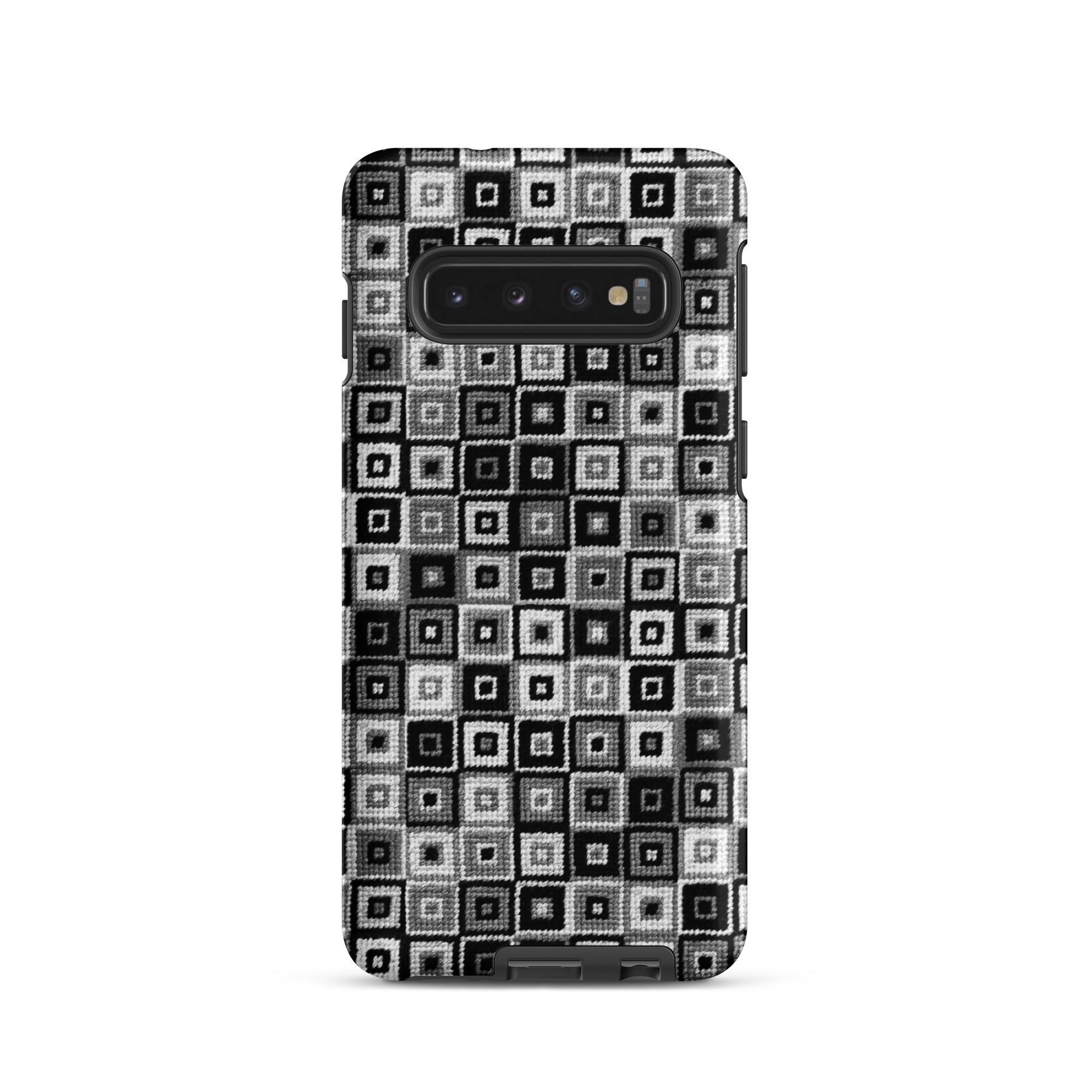 Black patterned Samsung phone case for Galaxy s10 in grey black and white squares stitched look print