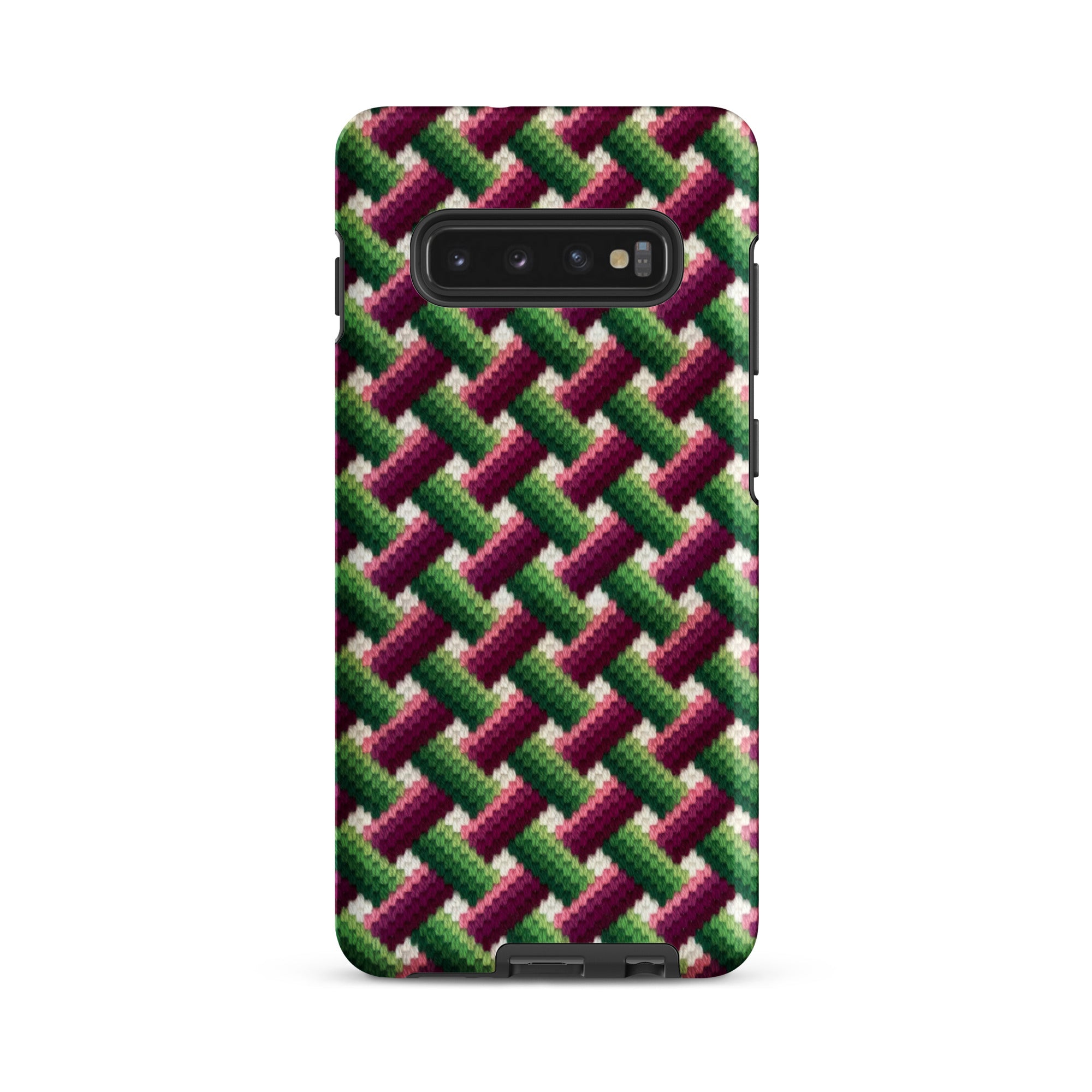 Bargello basket weave Samsung Galaxy s10 Plus case in magenta, pink, green and white