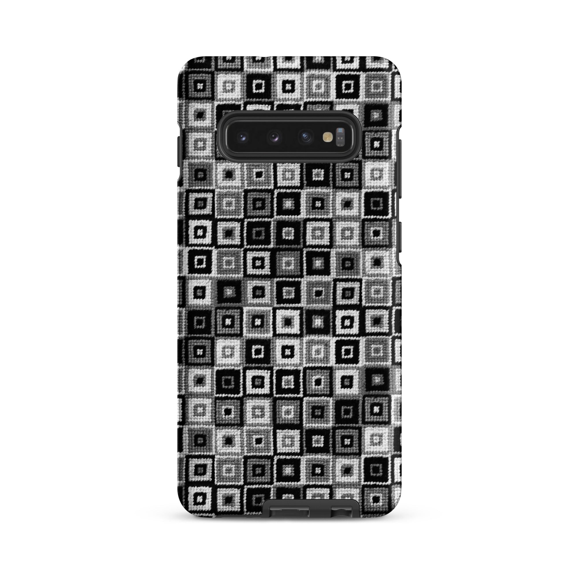Samsung Galaxy s10 Plus monochrome phone case in checked needlepoint-look