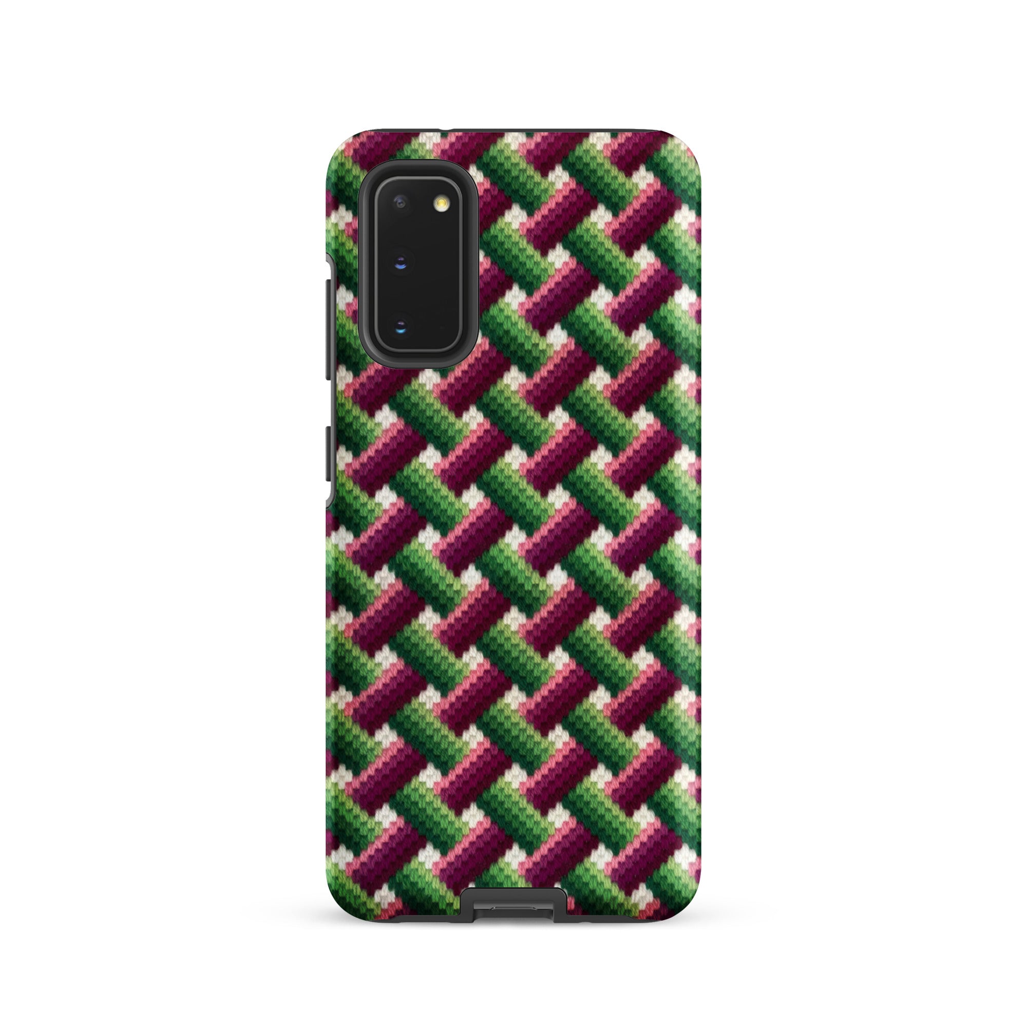 Pink and green basket weave Samsung Galaxy s20 phone case needlepoint-look