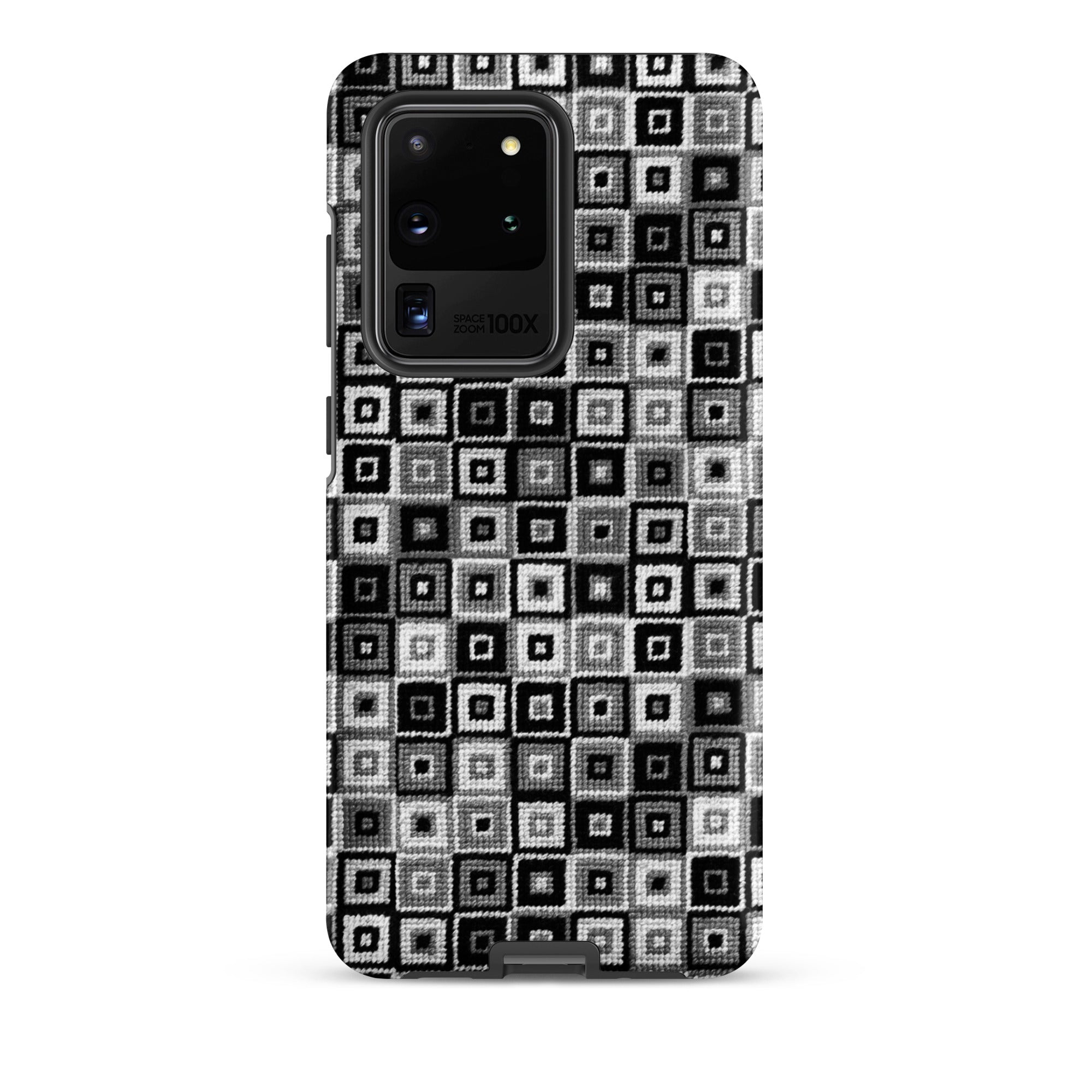 Samsung Galaxy s20 Ultra case geometric stitched pattern in black, white and grey