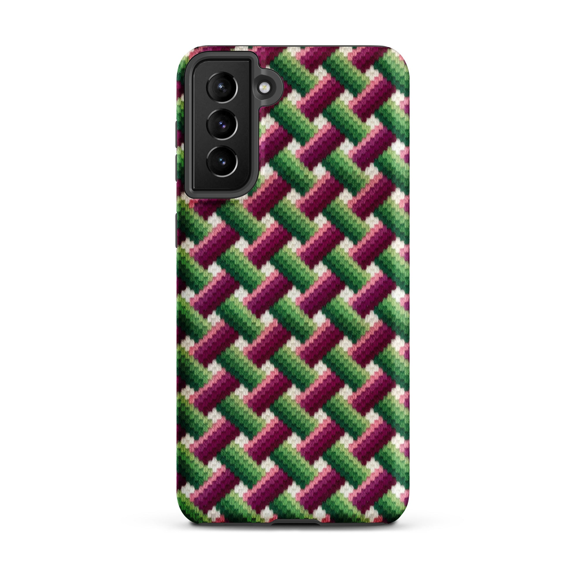 Samsung Galaxy s21 Plus phone case eye-catching Bargello pink, green and white