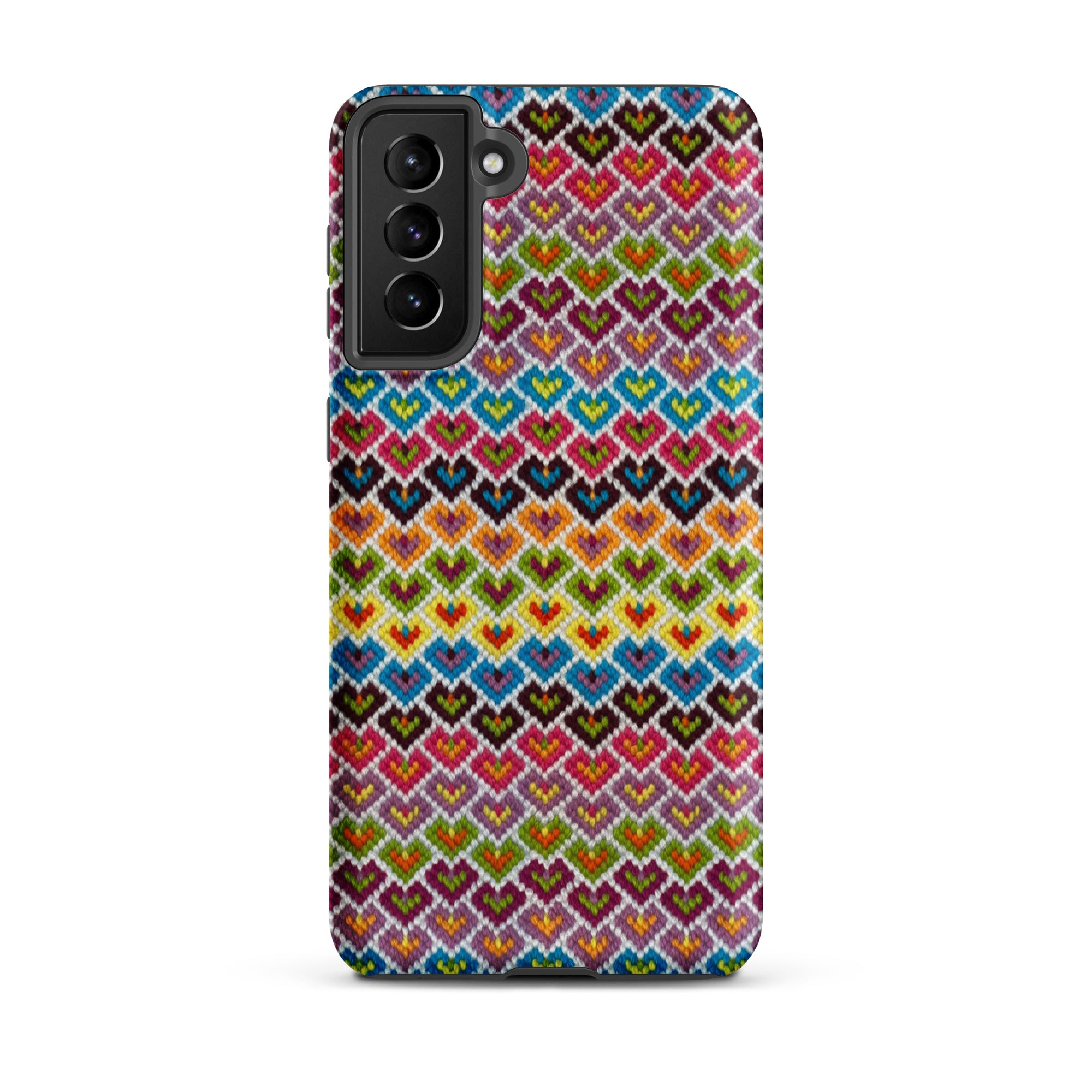 Pretty Samsung Galaxy s21 Plus phone case in needlepoint hearts design